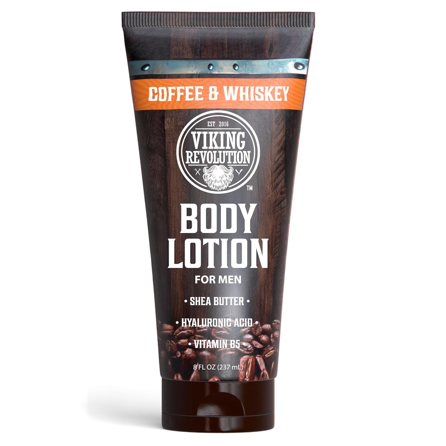 Body Lotion For Men - Coffee & Whiskey, 9 fl oz tube, shown on a white background.