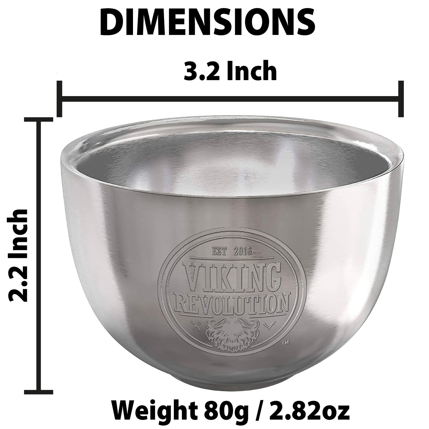 Stainless Steel Shaving Soap Bowl, 3.2"x2.2", 80g—perfect for cream, Viking Revolution logo.