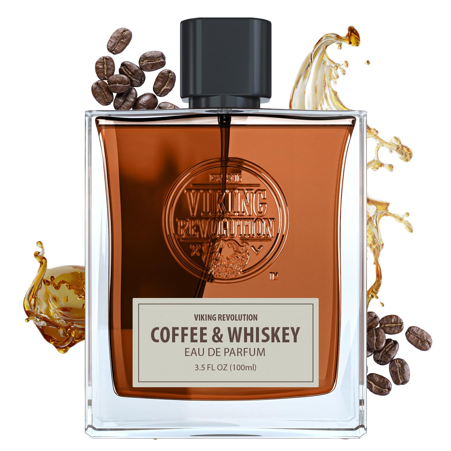 Coffee & Whiskey Perfume (3.5 fl oz) bottle with coffee beans and liquid splashes around it.