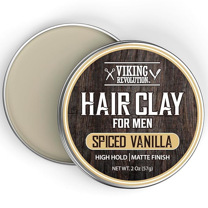 Open tin of Hair Clay - Spiced Vanilla (2oz), labeled high hold and matte finish for men.