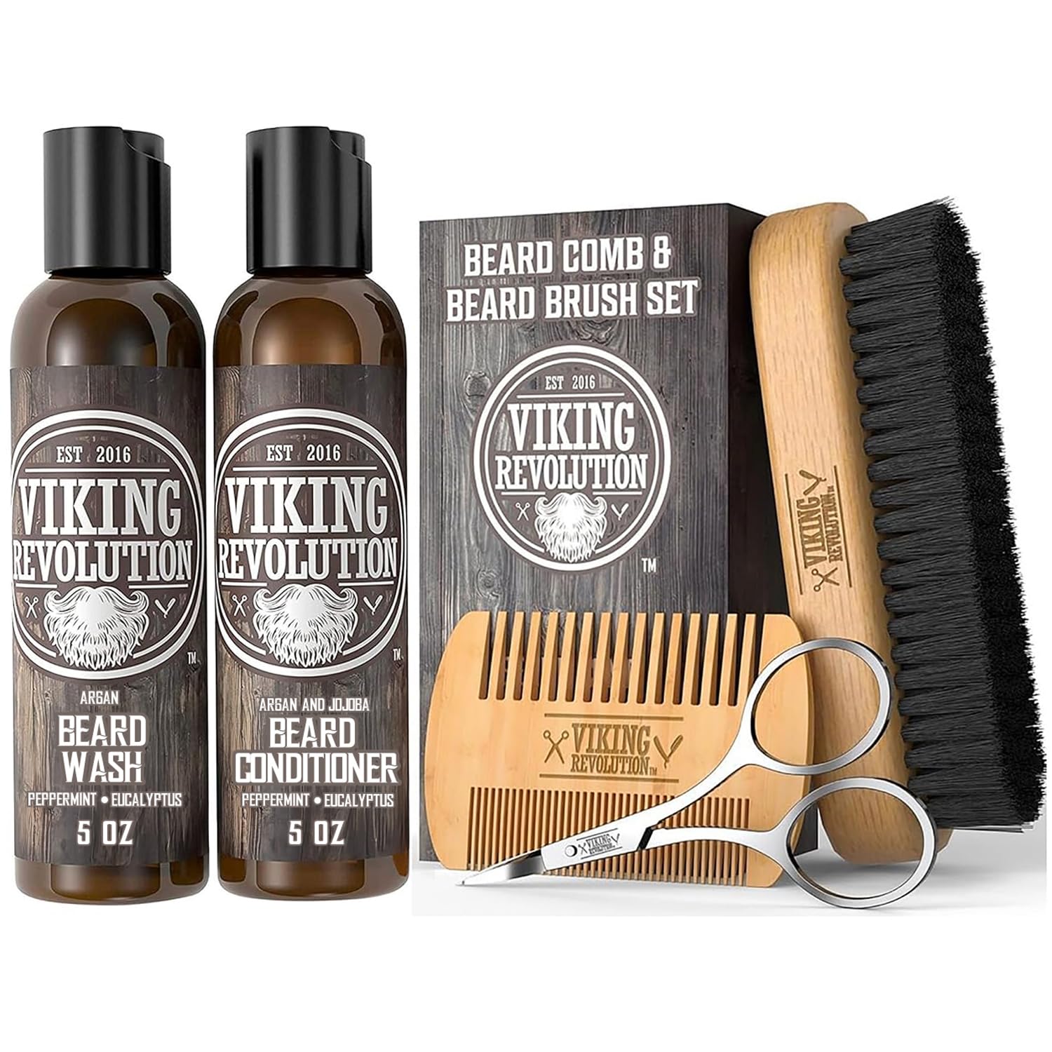 Beard Brush and Comb Set with Beard Wash & Conditioner (5 Oz each), plus boar bristle brush, scissors.