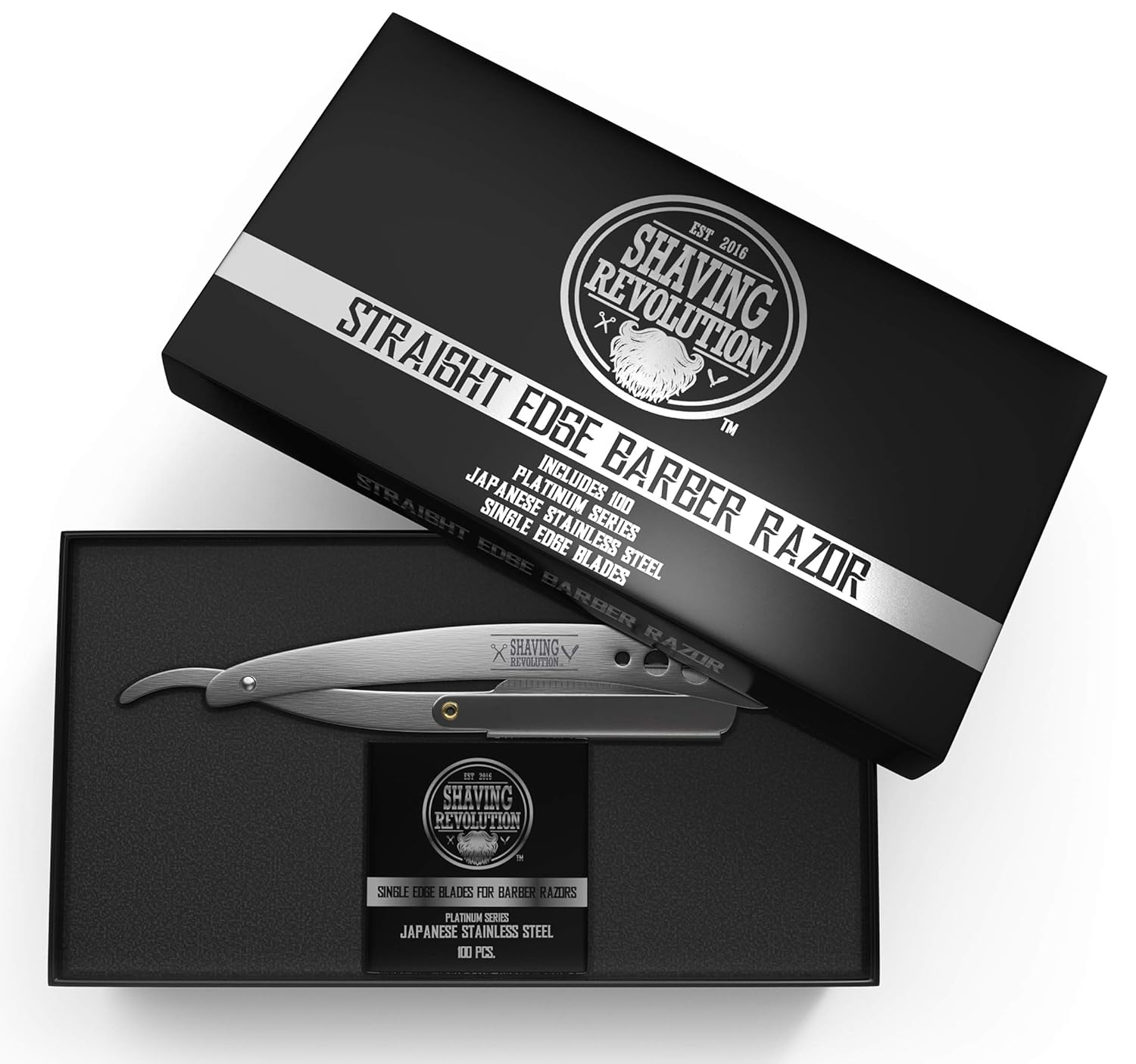 Straight Edge Barber Razor w/100 Single Edge Blades in black Shaving Revolution box with details.