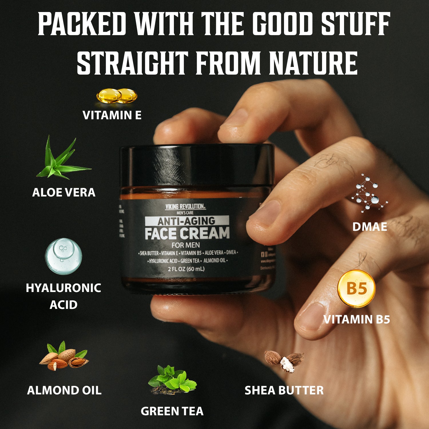 Hand holding Anti-Aging Face Cream for Men - 2oz surrounded by Vitamin E, Aloe Vera, DMAE, B5, and more.