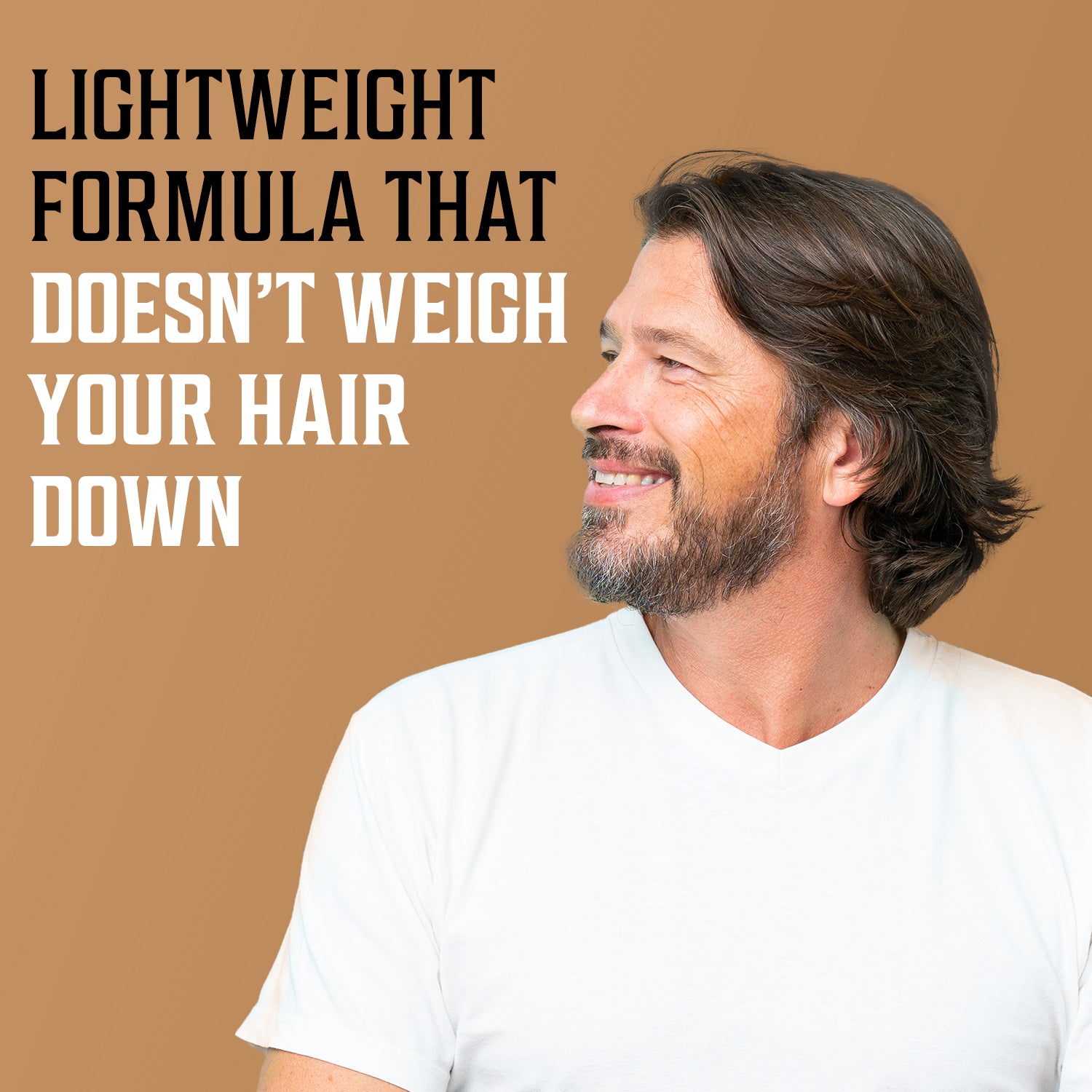 Man in white shirt smiling, Hair Tonic Men (12.7oz) text on lightweight spray on brown backdrop.