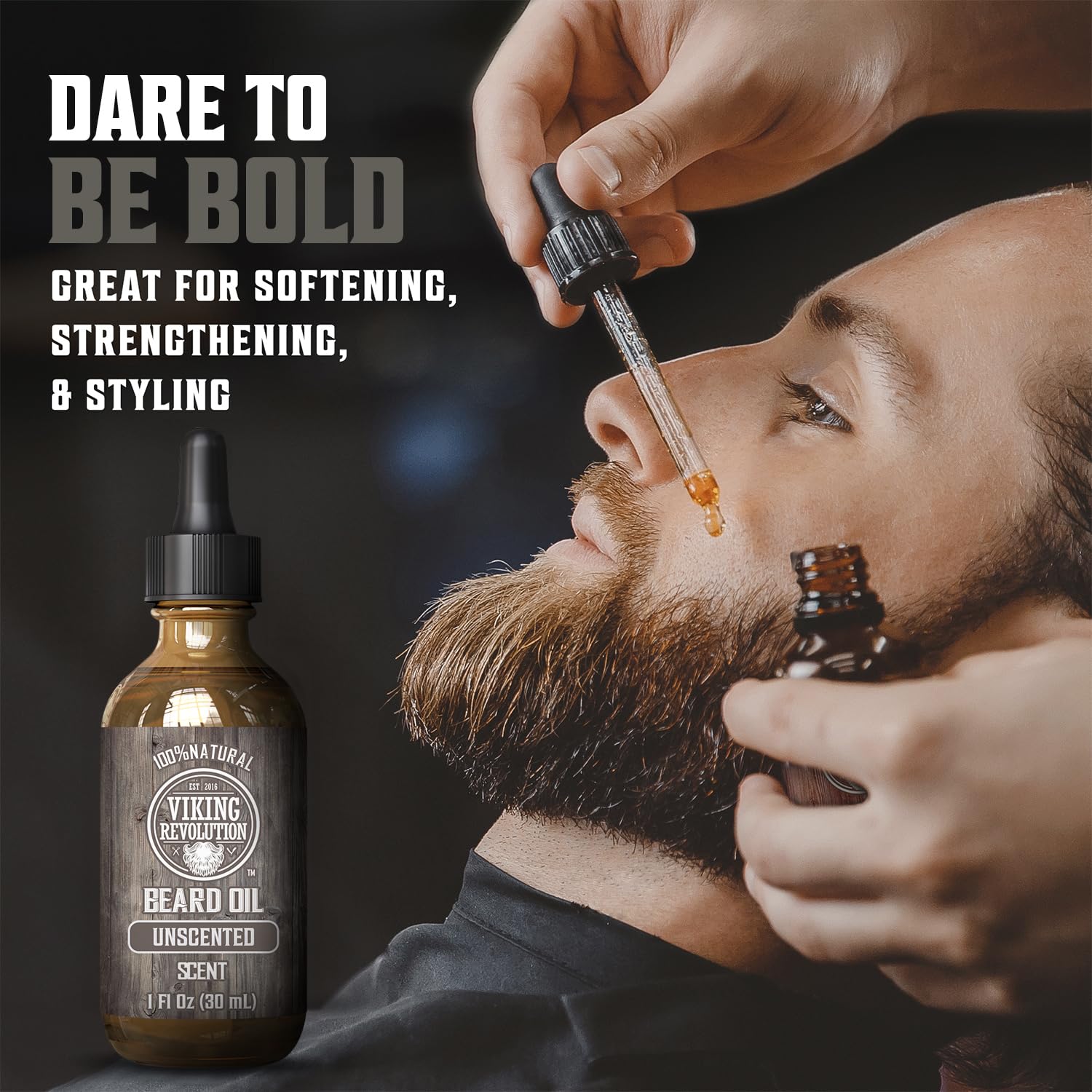 Unscented Beard Oil (1oz) softens, strengthens, and styles your beard; applied easily with a dropper.