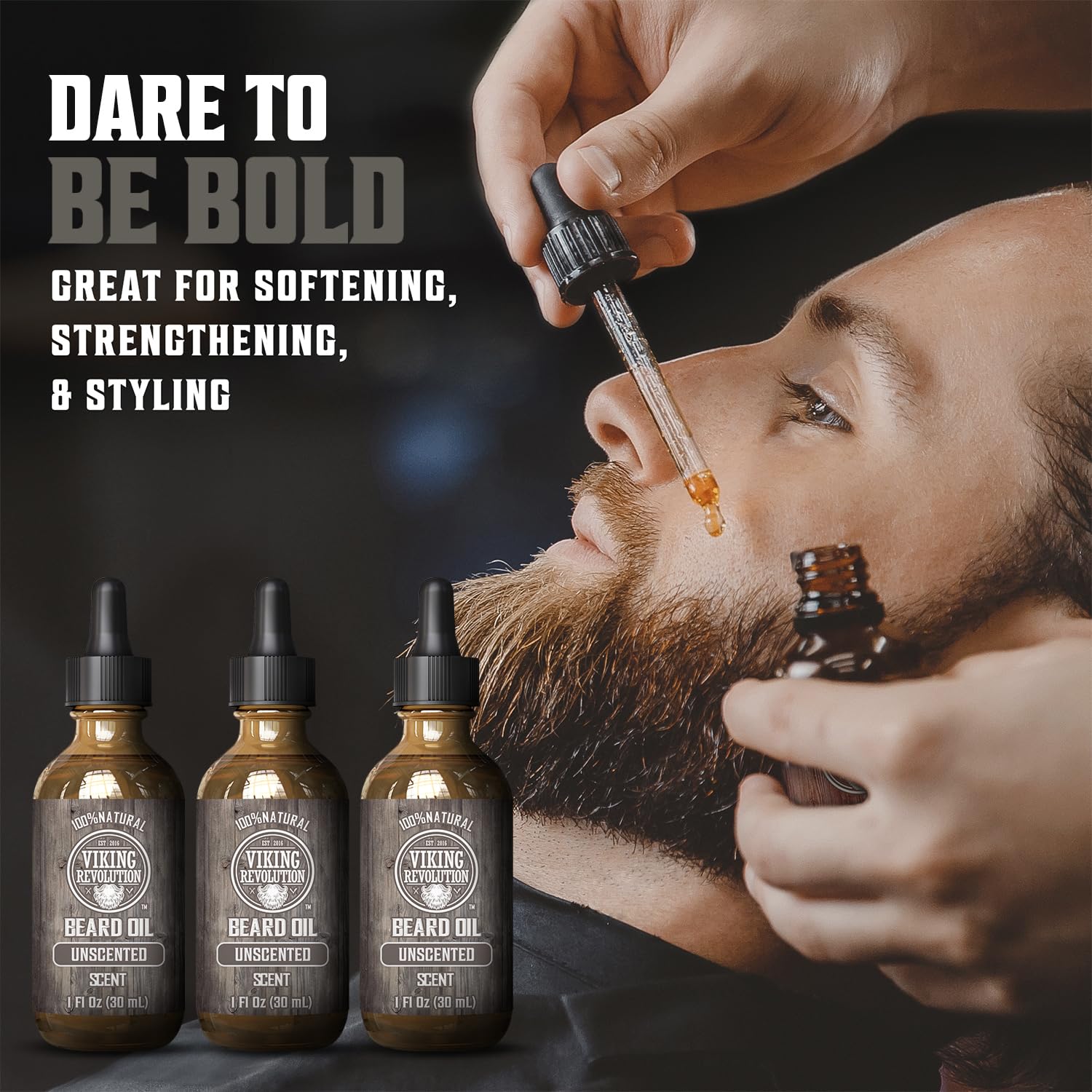 Man enjoys beard grooming as Unscented Beard Oil - 3 Pack is applied; bottles are in view.