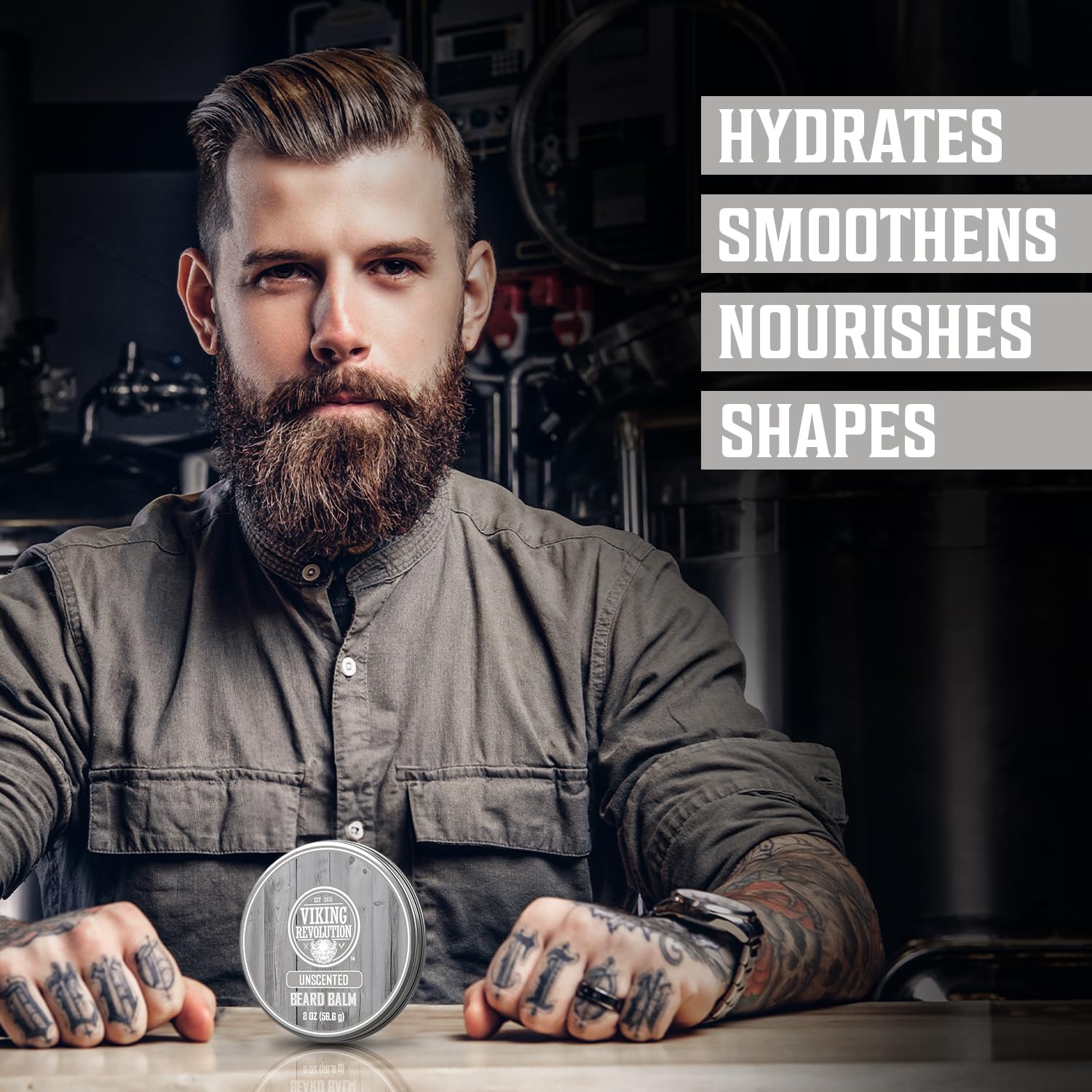 Man with a full beard sits at a table with Unscented Beard Balm (2oz); hydrates, smoothens, shapes.