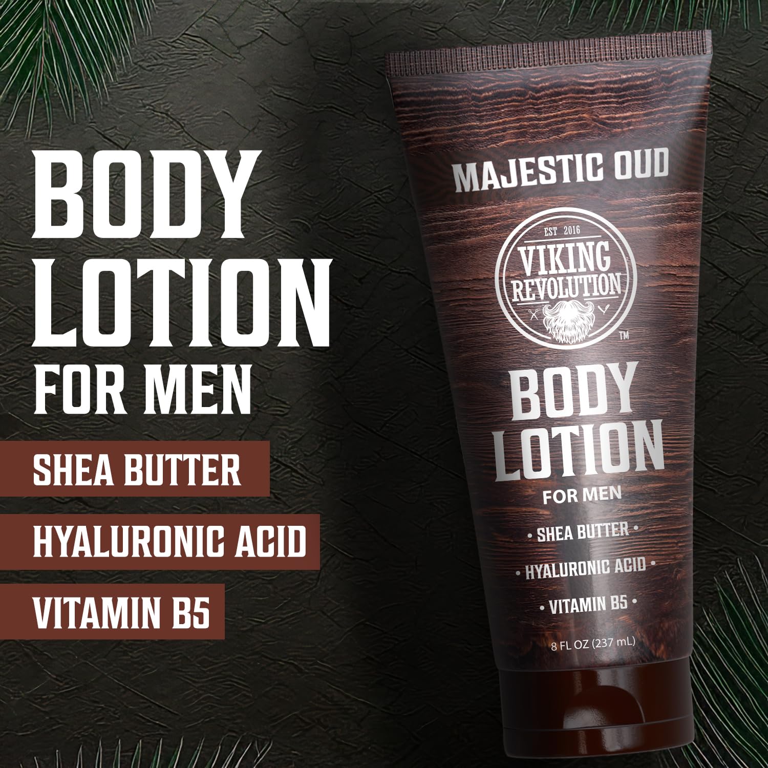 Tube of Body Lotion for Men - Magestic Oud with oud scent and key ingredients listed.