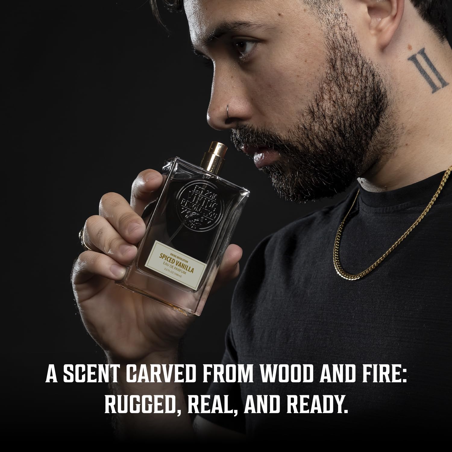 A man holds Spiced Vanilla Perfume (3.5 fl oz), highlighting its bold masculine fragrance.