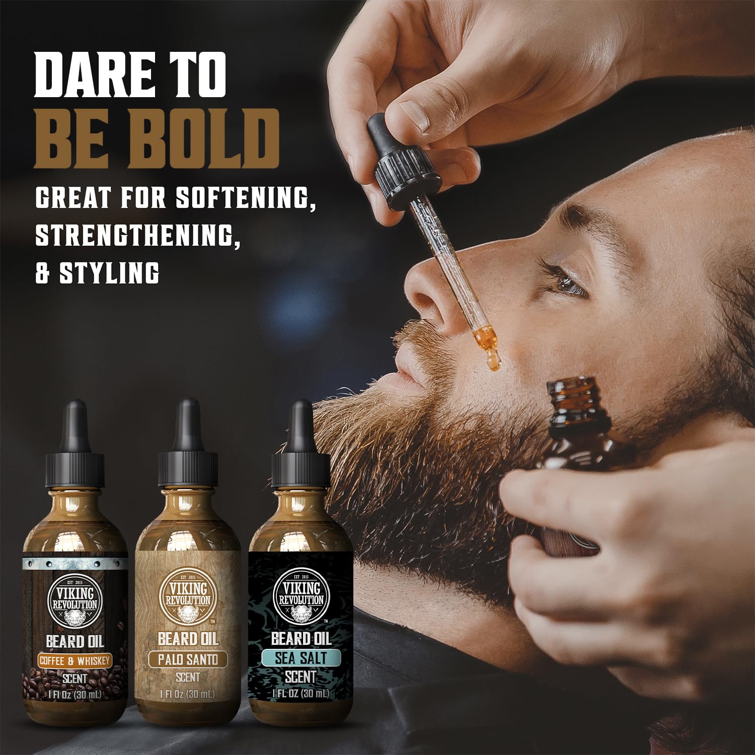 A person uses a dropper to apply Viking Revolution’s 3 pack beard oil mix: Coffee, Palo Santo, Sea Salt.