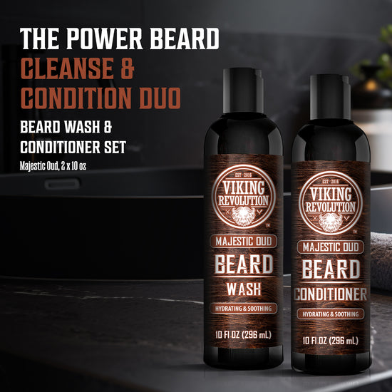 Two bottles of Beard Wash and Conditioner for Men on a dark countertop for optimal beard care.