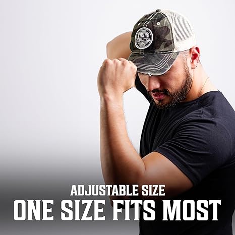 Man in Trucker Hat for Men Baseball Cap - Camouflage flexes; text: One size fits most, adjustable.