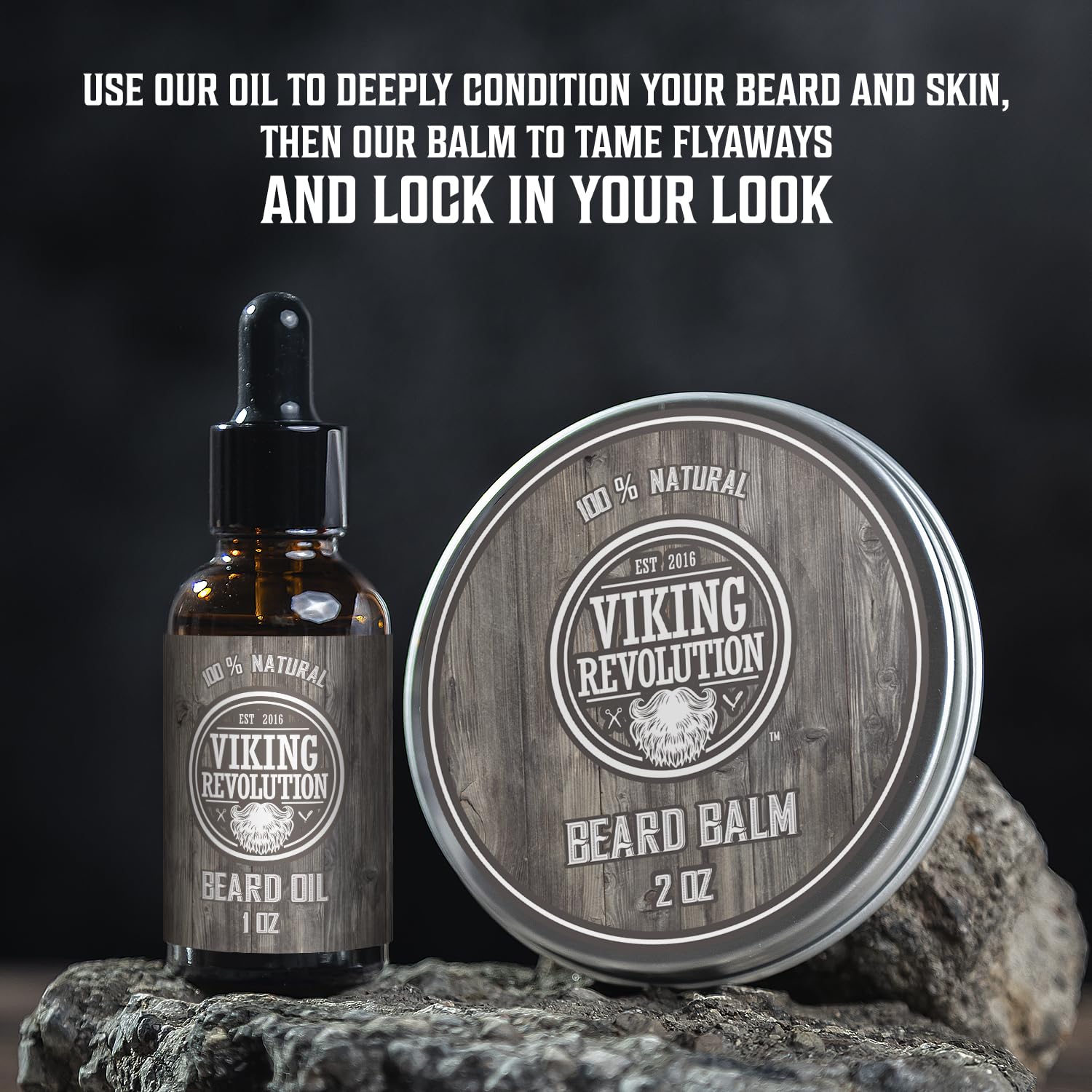 Peppermint & Eucalyptus Beard Grooming Kit: oil and balm on dark surface with product text above.