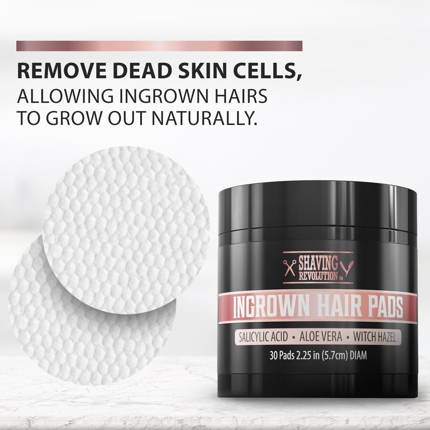 A jar of Ingrown Hair Pads with two textured pads beside it on a light surface.