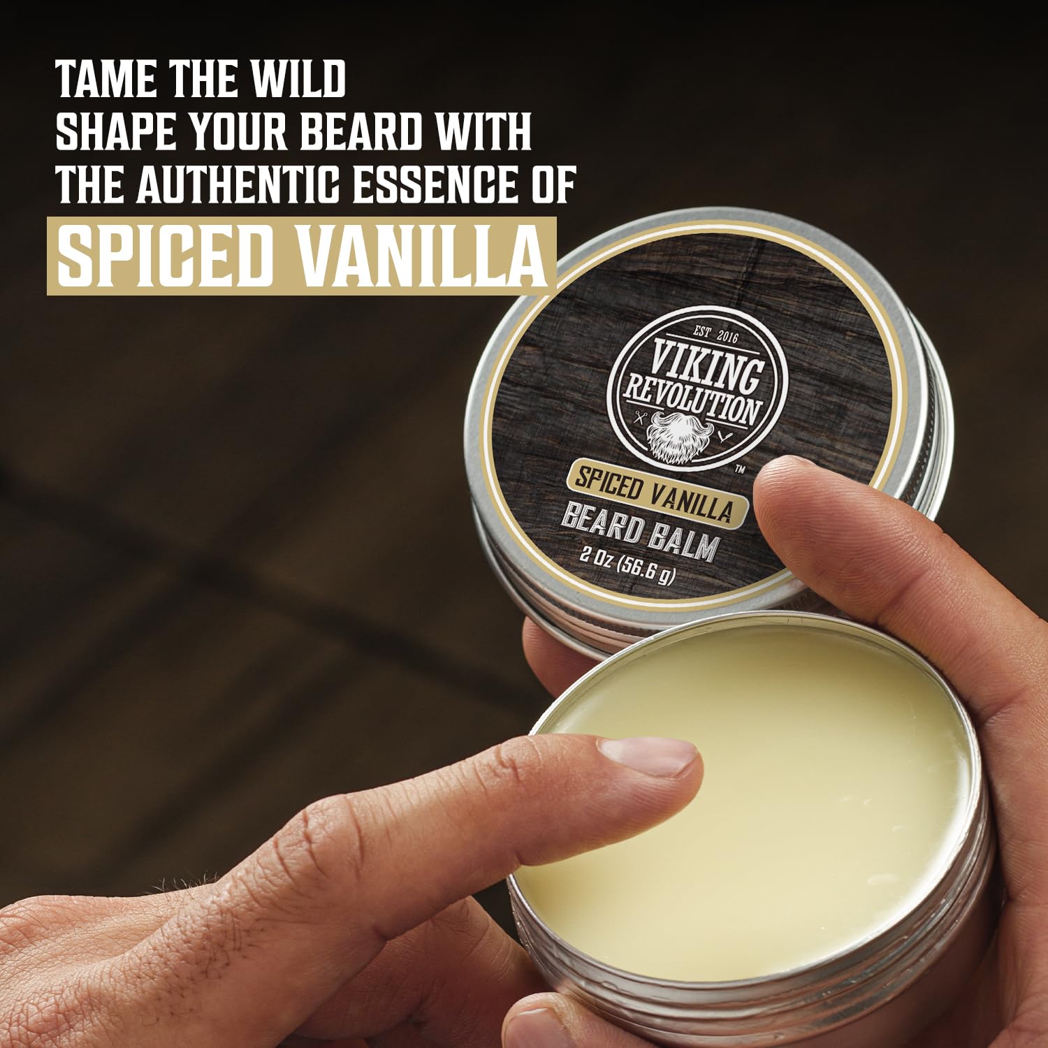 A hand scoops the Spiced Vanilla Beard Balm & Oil Kit, an essential for daily beard care.