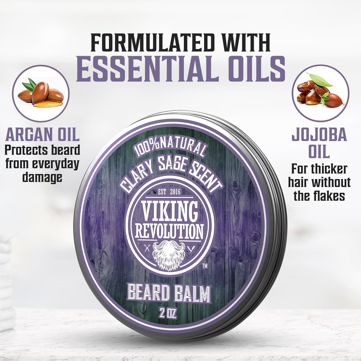 Clary Sage Beard Balm (2oz) with argan and jojoba oils fights beard dandruff.