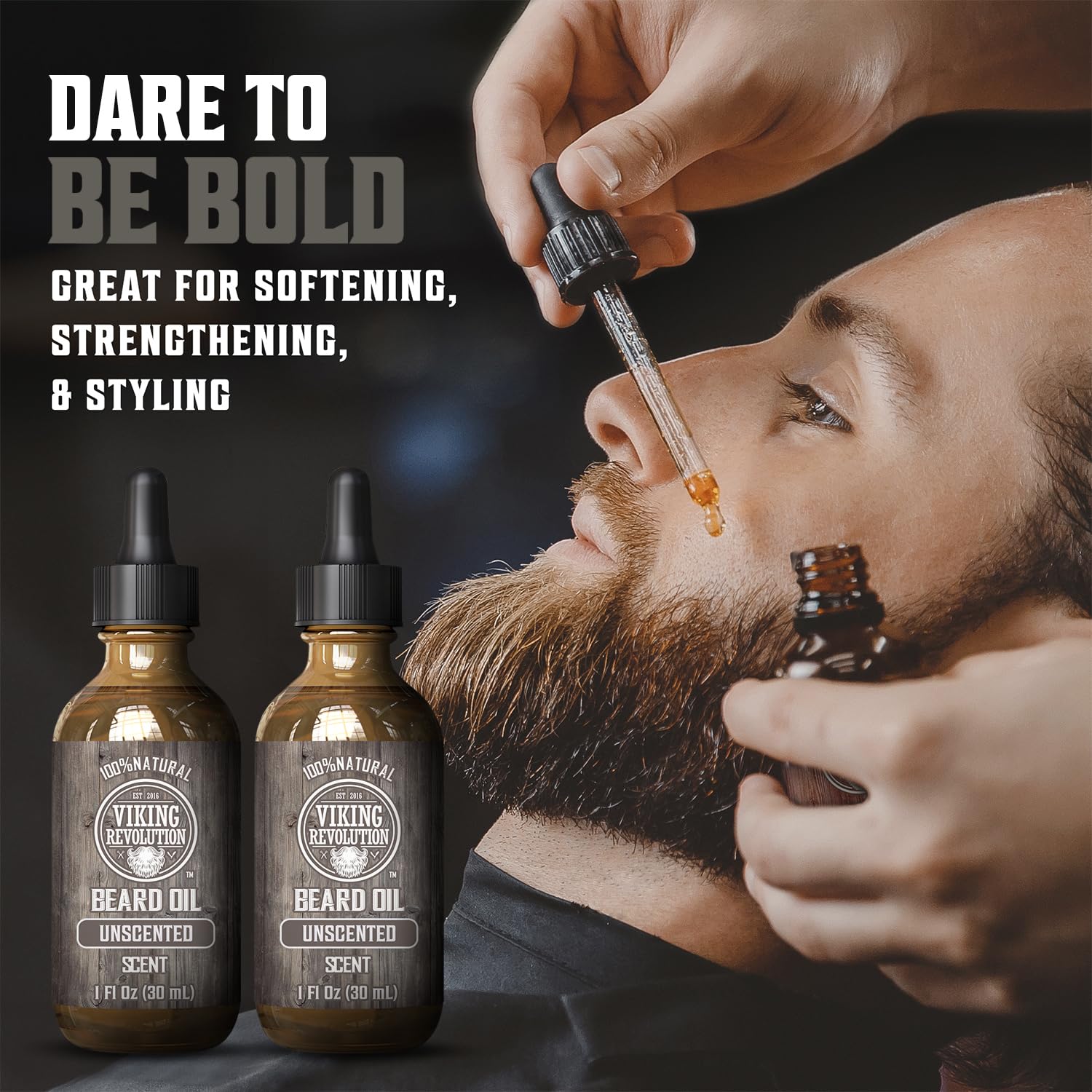 Person applying Unscented Beard Oil - 2 Pack with dropper; bottles of Viking Revolution in front.