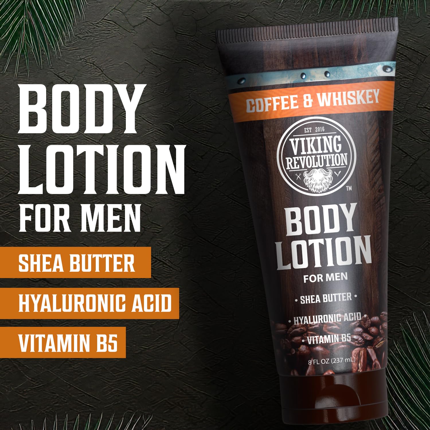 Tube of Body Lotion For Men - Coffee & Whiskey with shea butter and vitamin B5.