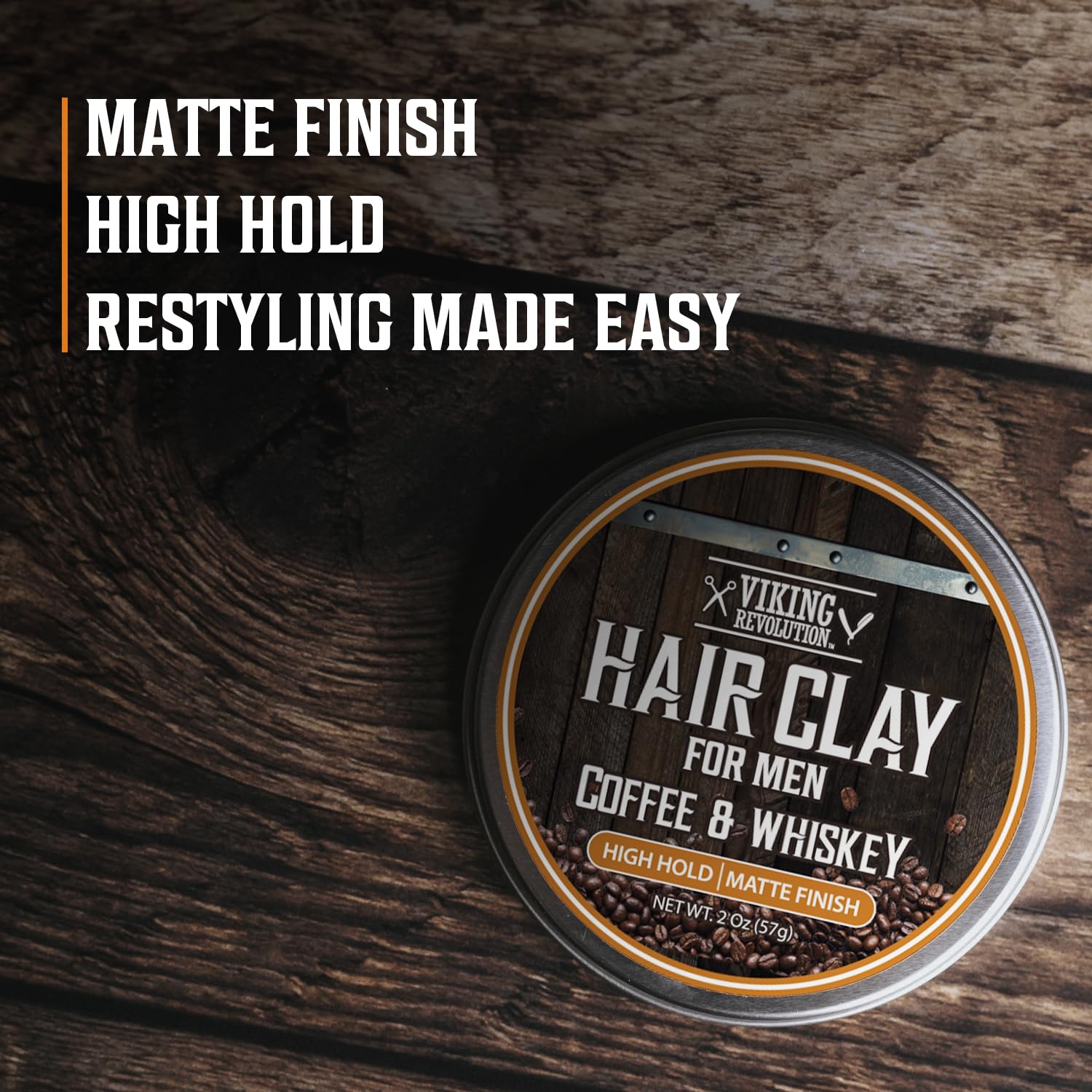 Hair Clay - Coffee & Whiskey tin on wood; matte finish, high hold, easy restyle men's hair paste.