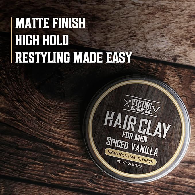 Hair Clay - Spiced Vanilla (2oz) tin on wood—matte finish hair product for men with benefits listed.