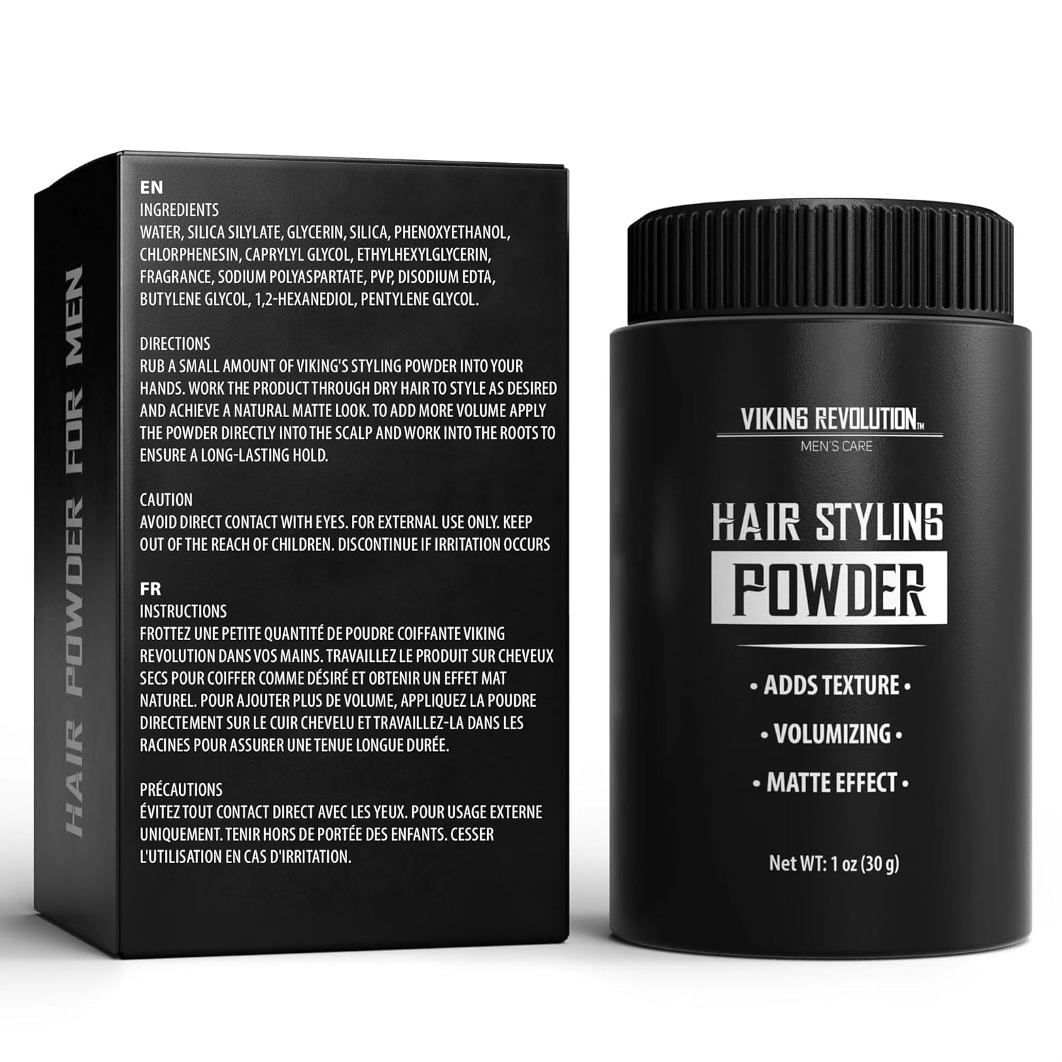 Black container and box of Hair Styling Powder for Men by Viking Revolution, for texture and matte finish.