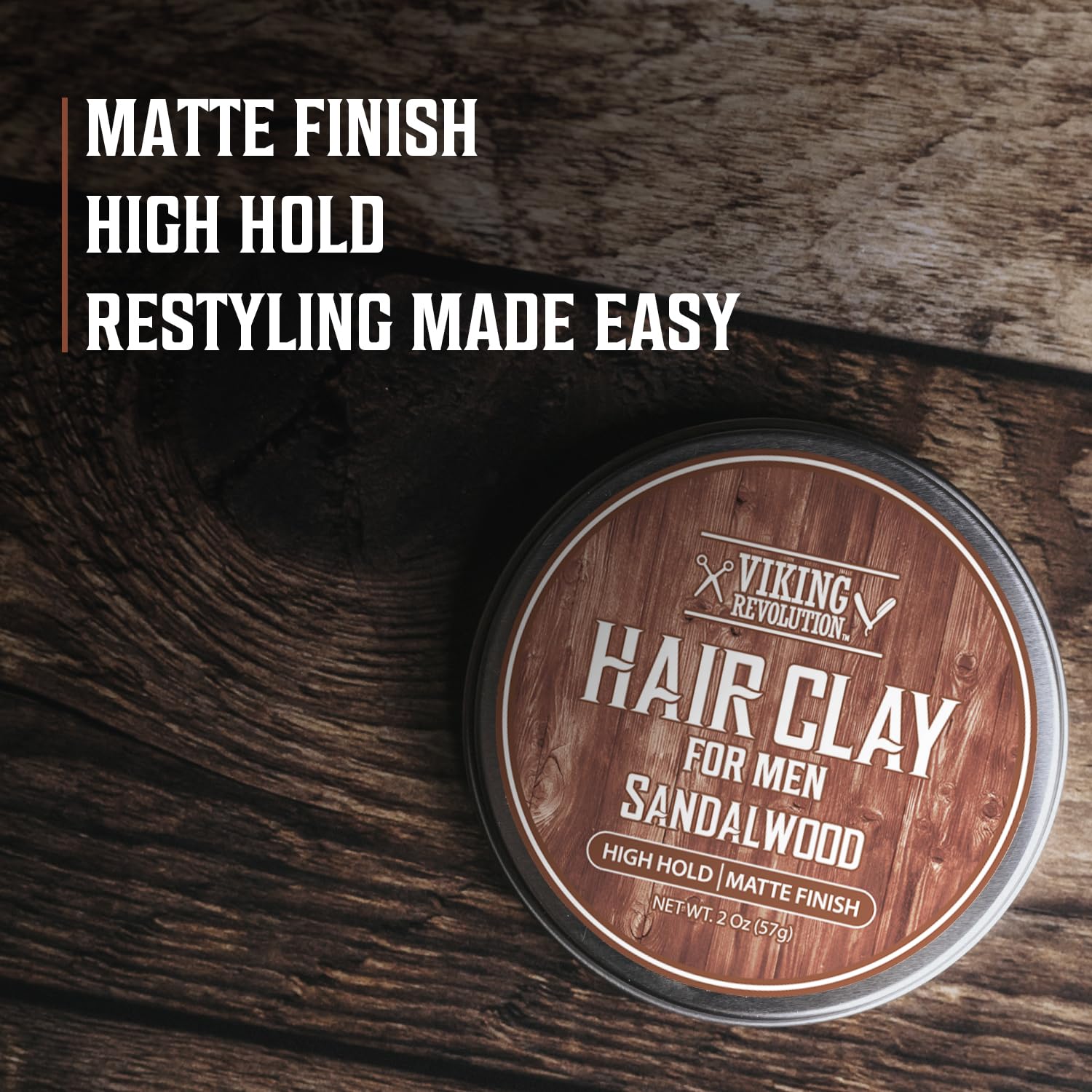 2 pack Hair Clay Sandalwood for men on wood, with strong hold and matte finish listed nearby.