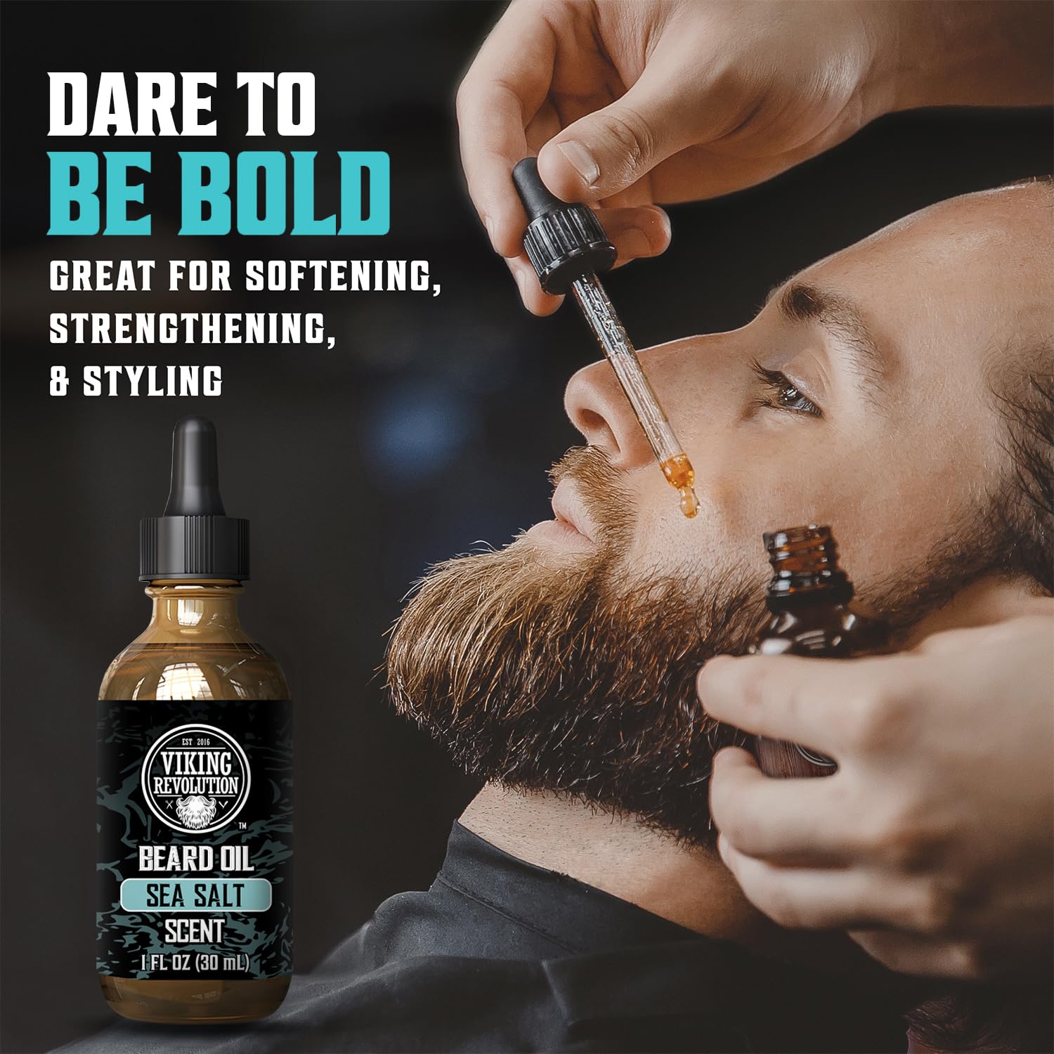 Man applies Sea Salt Beard Oil with argan and jojoba oils; features a refreshing sea salt scent.