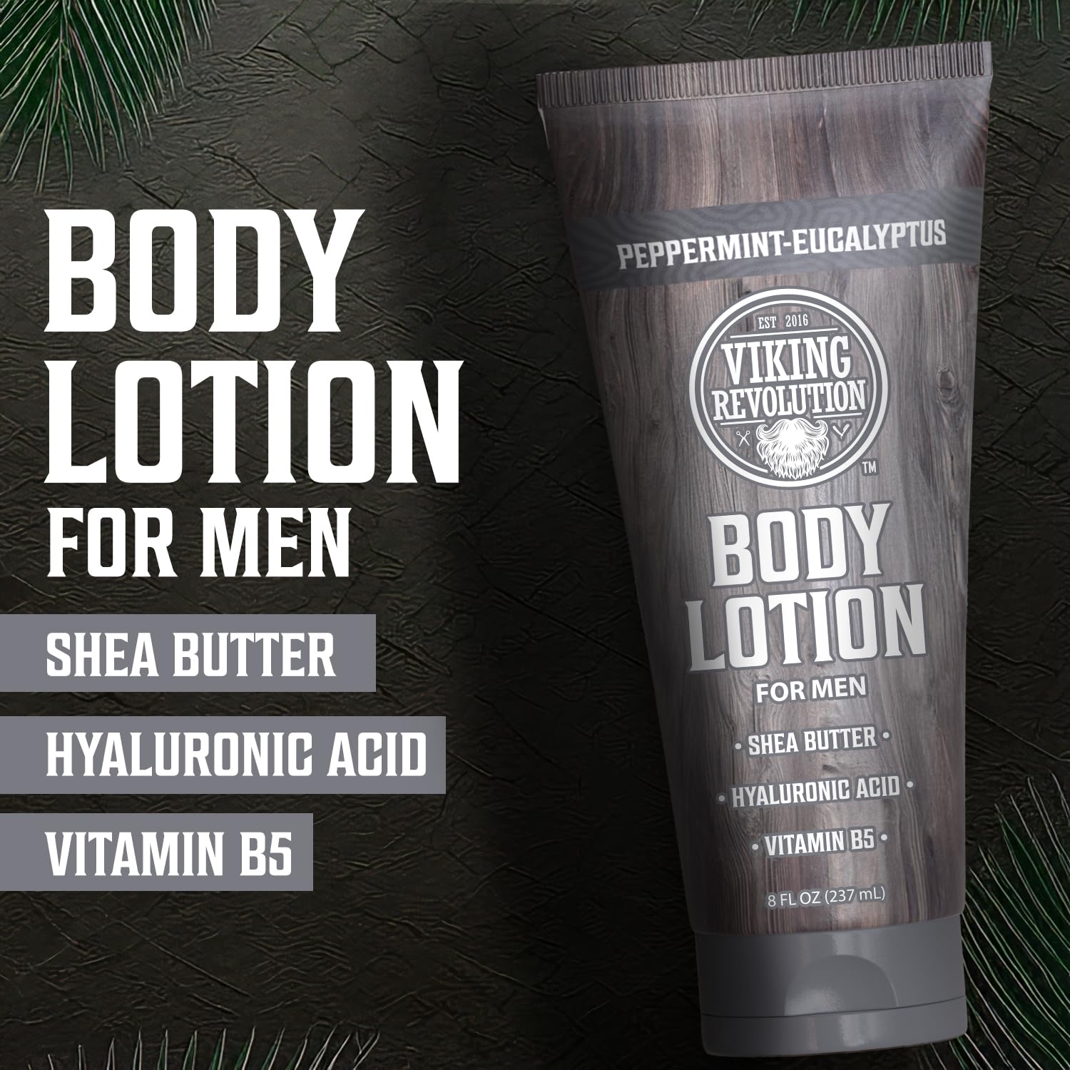 Tube of Body Lotion For Men - Peppermint Eucalyptus, hydrates dry skin with shea butter.