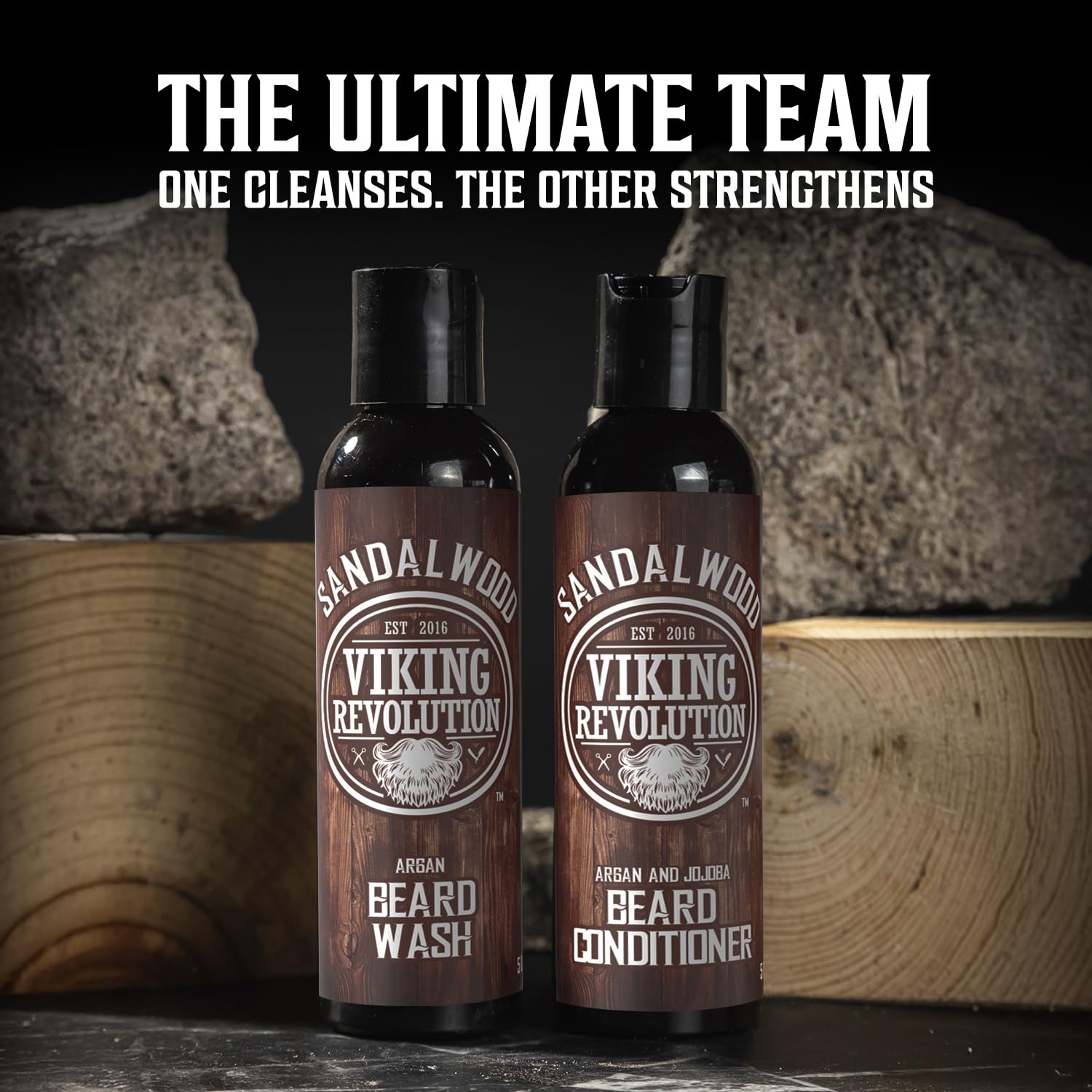 Viking Revolution Sandalwood Grooming Kit products displayed against stone backgrounds.
