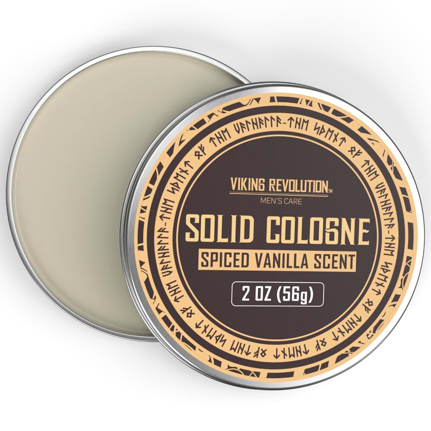 Open tin of Spiced Vanilla Mens Solid Cologne, 2 oz, for men with runic border.