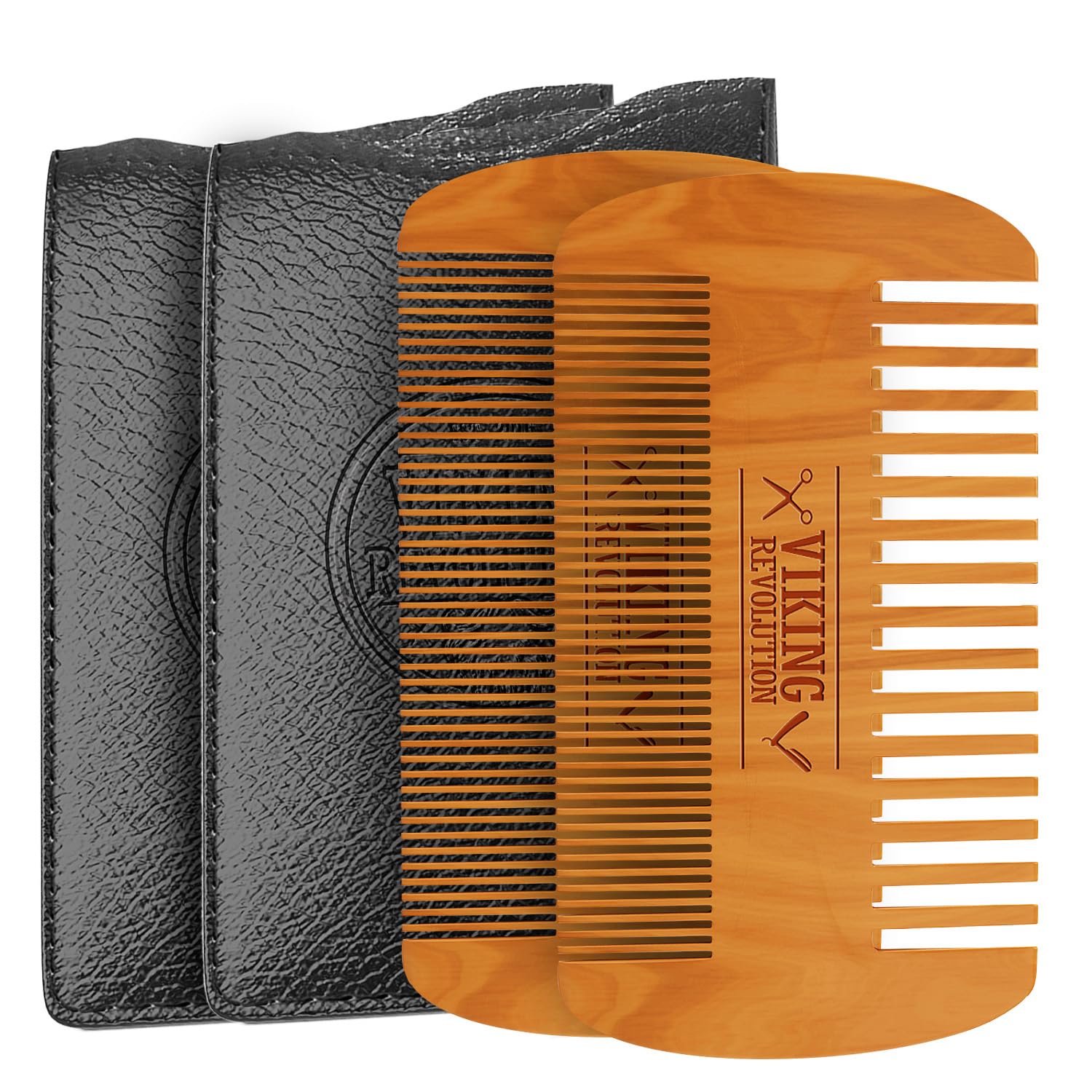 Two Wooden Beard Comb & Case sets labeled Viking Revolution with black leather cases behind them.