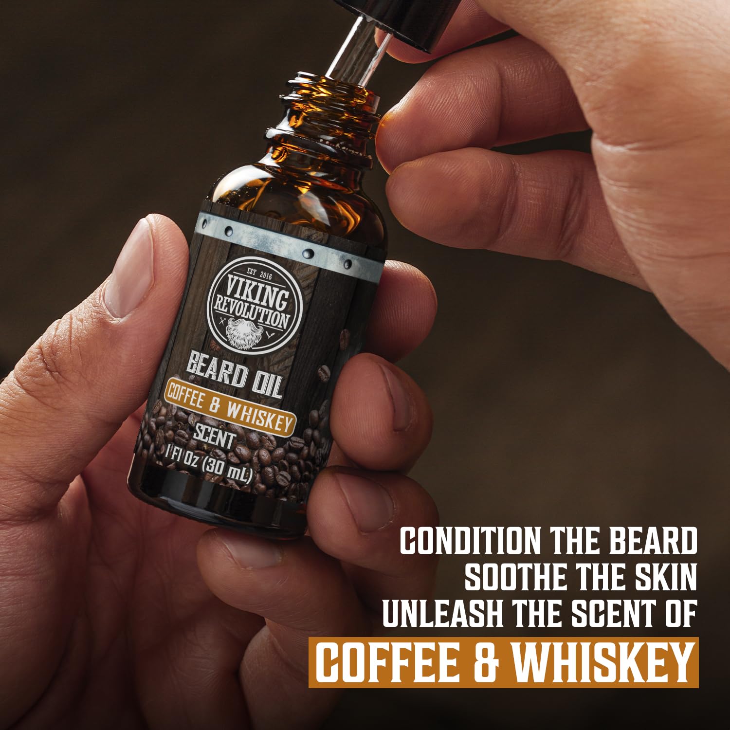 Hand holding Coffee & Whiskey Beard Balm (2oz) and Sandalwood Beard Oil (1oz) care kit for men.