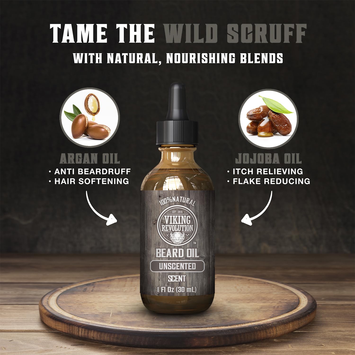 A bottle of Unscented Beard Oil (1oz), the perfect beard conditioner, on a wooden surface.
