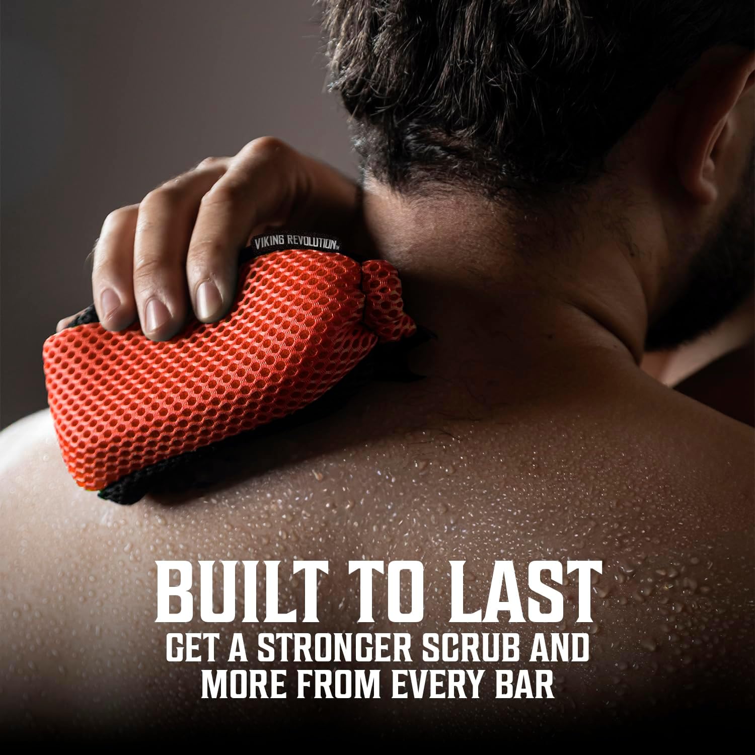 A man scrubs his wet back with a Soap Bag; text reads “Built to Last.”.