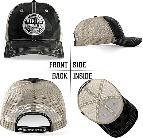 Camouflage Trucker Hat for Men, baseball cap style, shown from four different angles.