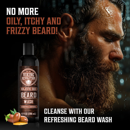 Man with wet beard beside Beard Wash and Conditioner for Men, perfect for beard care.