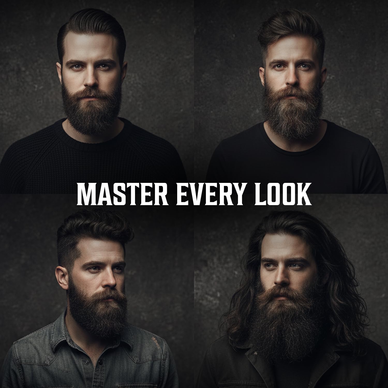 Four men with unique hair and beards MASTER EVERY LOOK using 6 Styling Hair Combs for men.