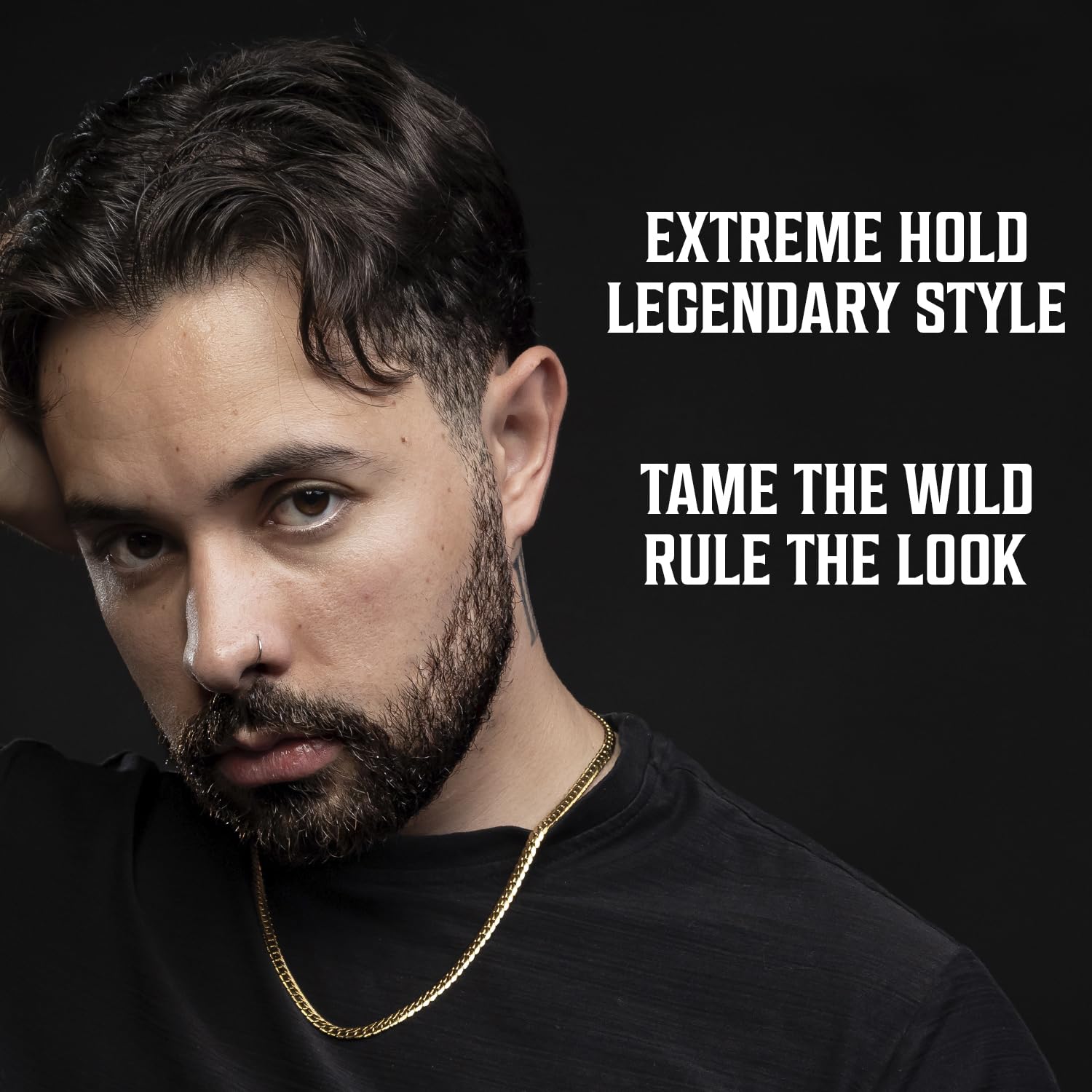 Man with dark hair and beard in gold chain, bold text about Sandalwood Hair Pomade (4 oz) on right.