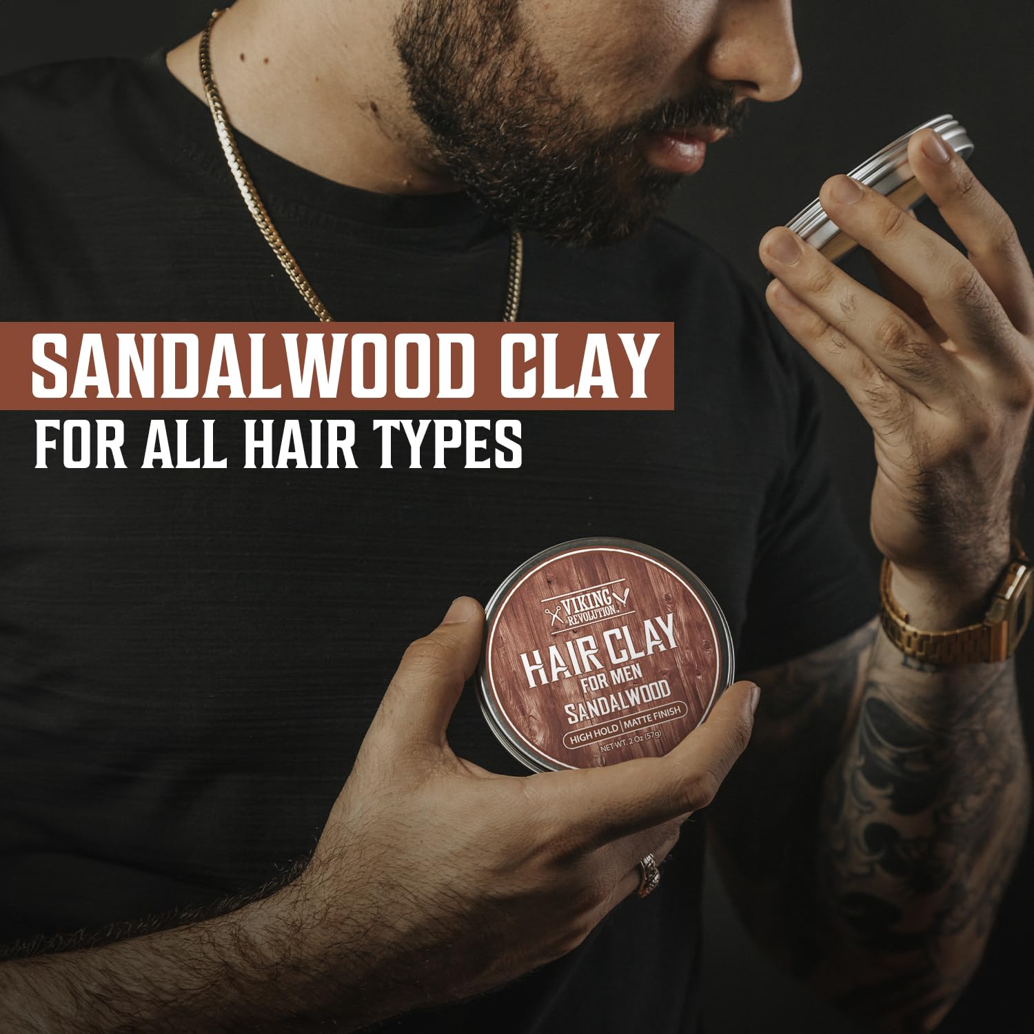 Man holding and smelling Hair Clay Sandalwood - 2 pack: Matte Finish, Strong Hold.
