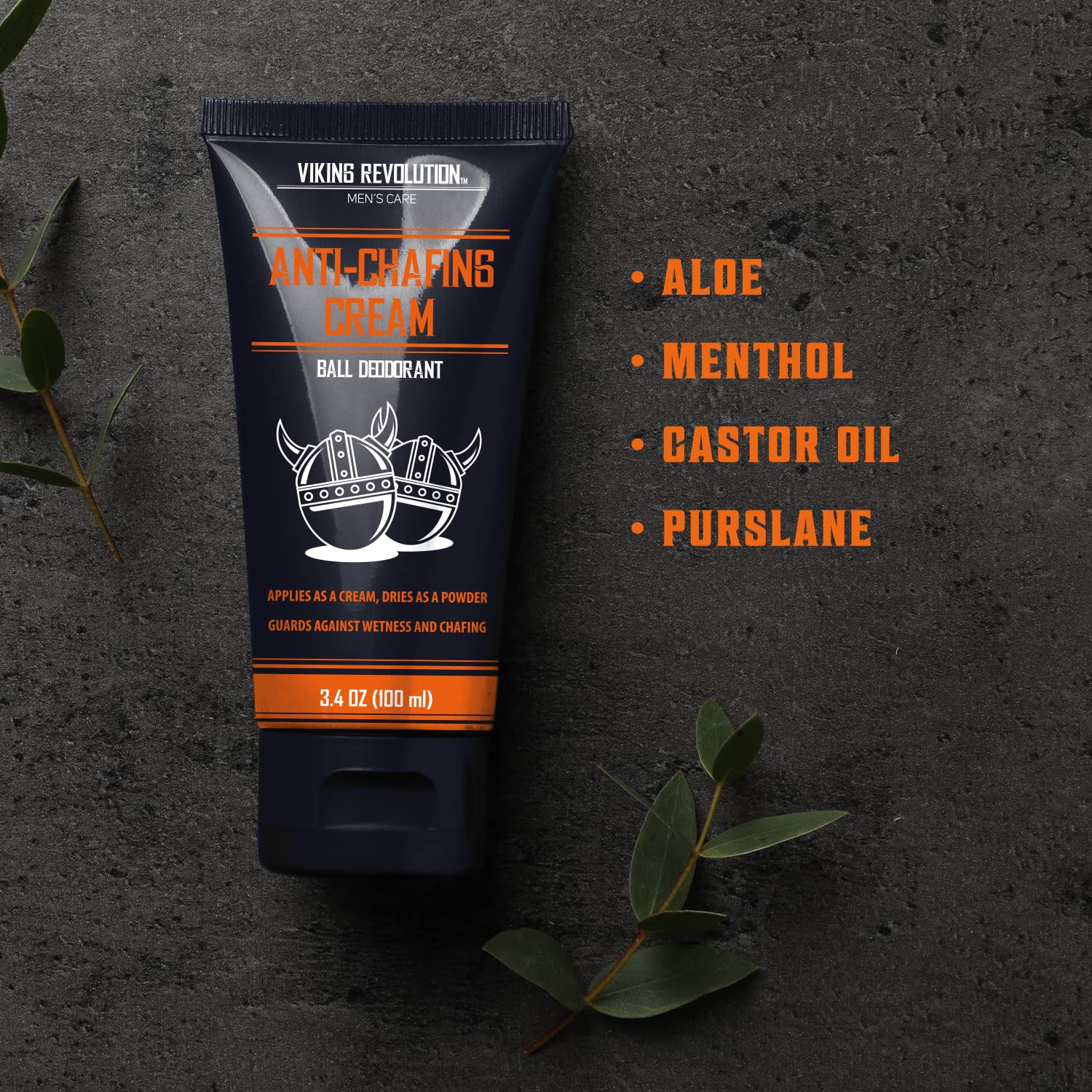 Tube of Viking Revolution Ball Deodorant for men, shown with plant sprigs and key ingredients.