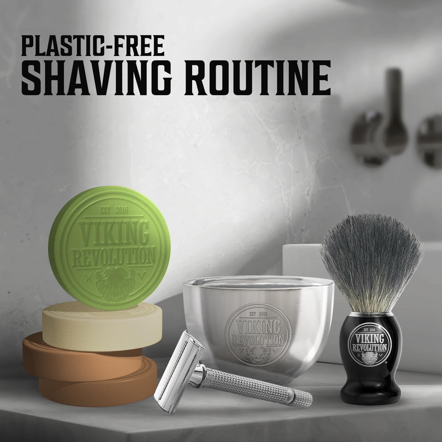 Plastic-free shaving: Shaving Soap 4 Pack, metal razor, shaving bowl, and brush on the counter.