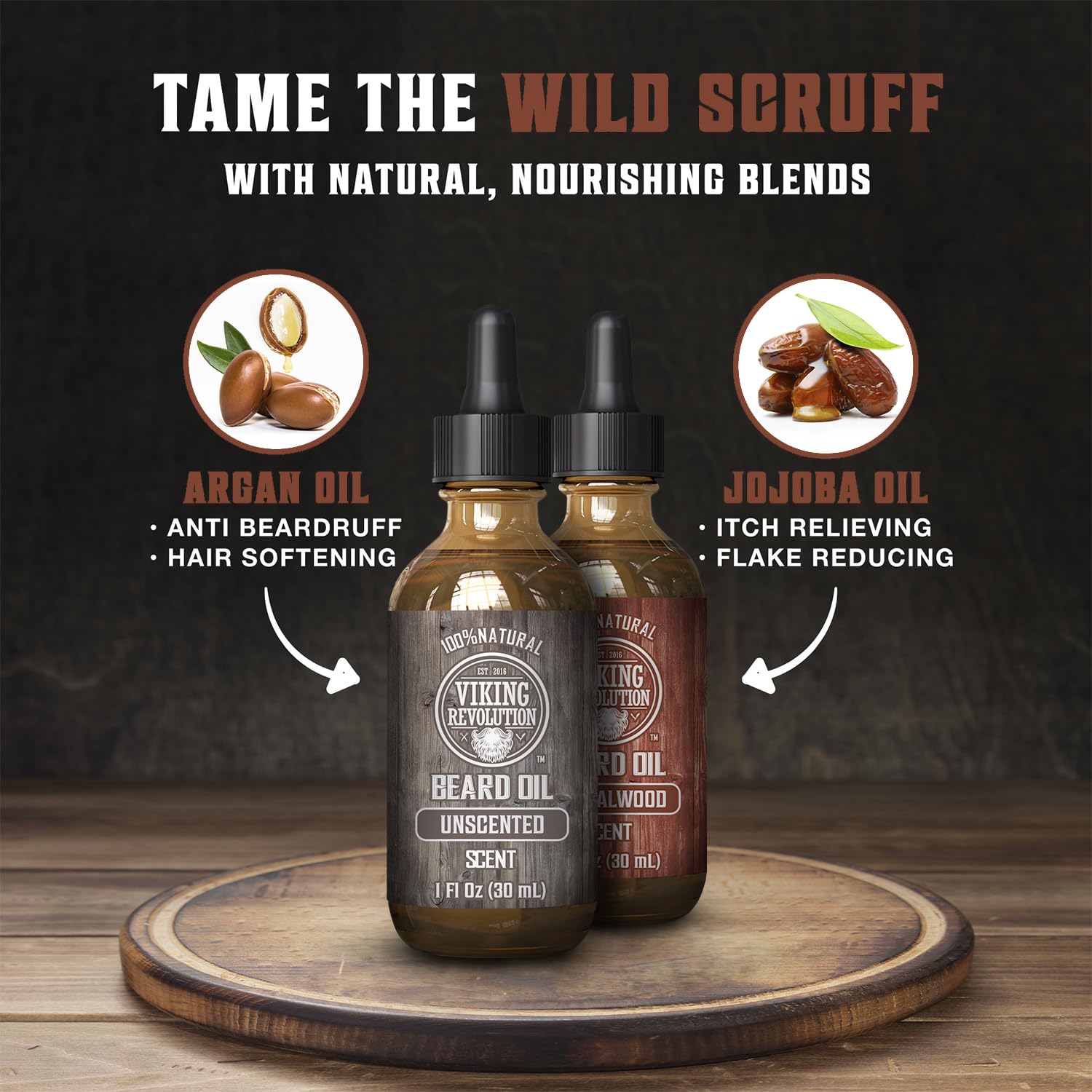 Sandalwood & Unscented Beard Oil 2-Pack on a wooden table, perfect for organic beard care.