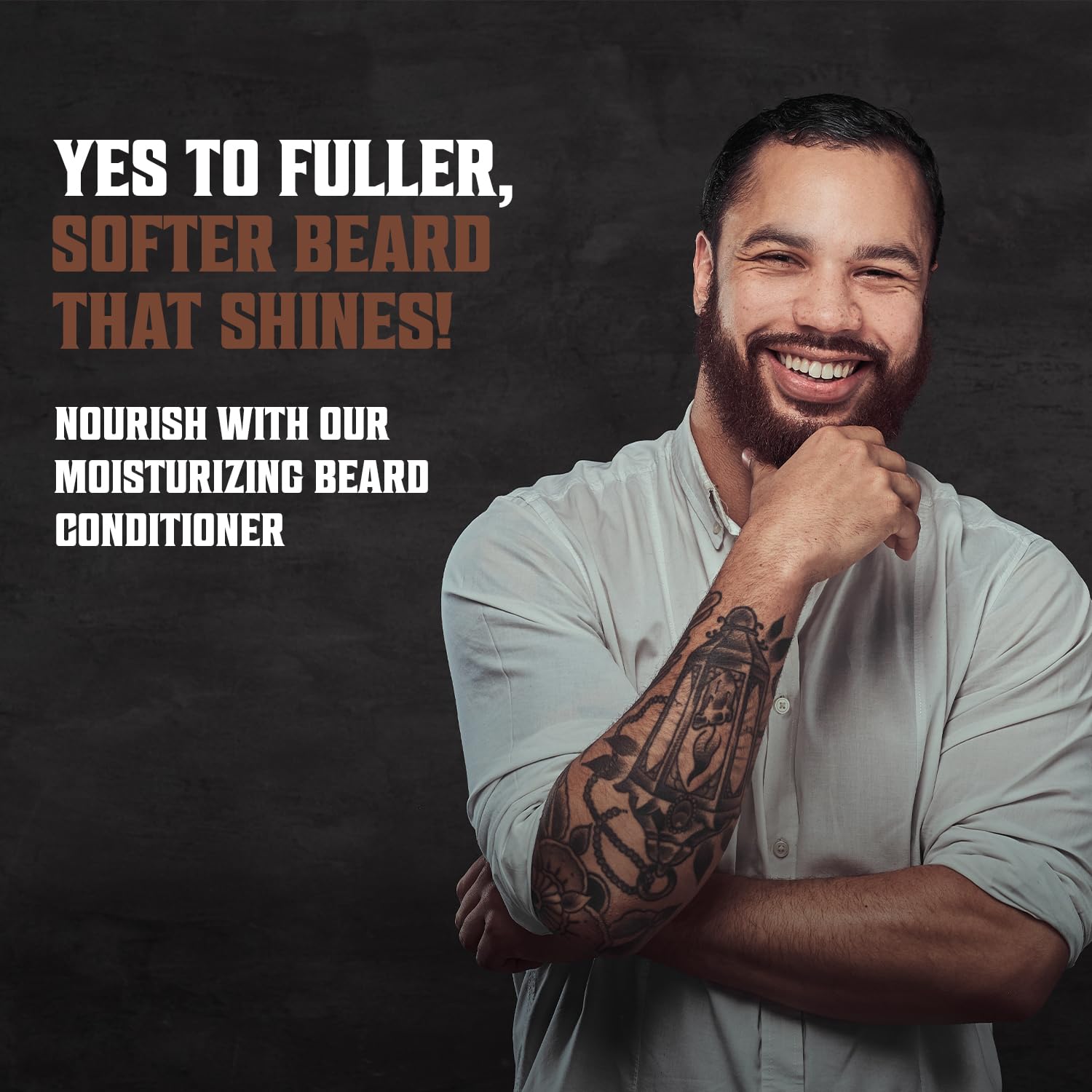 Tattooed, bearded man promotes Sandalwood Beard Conditioner (17oz) on a dark background.