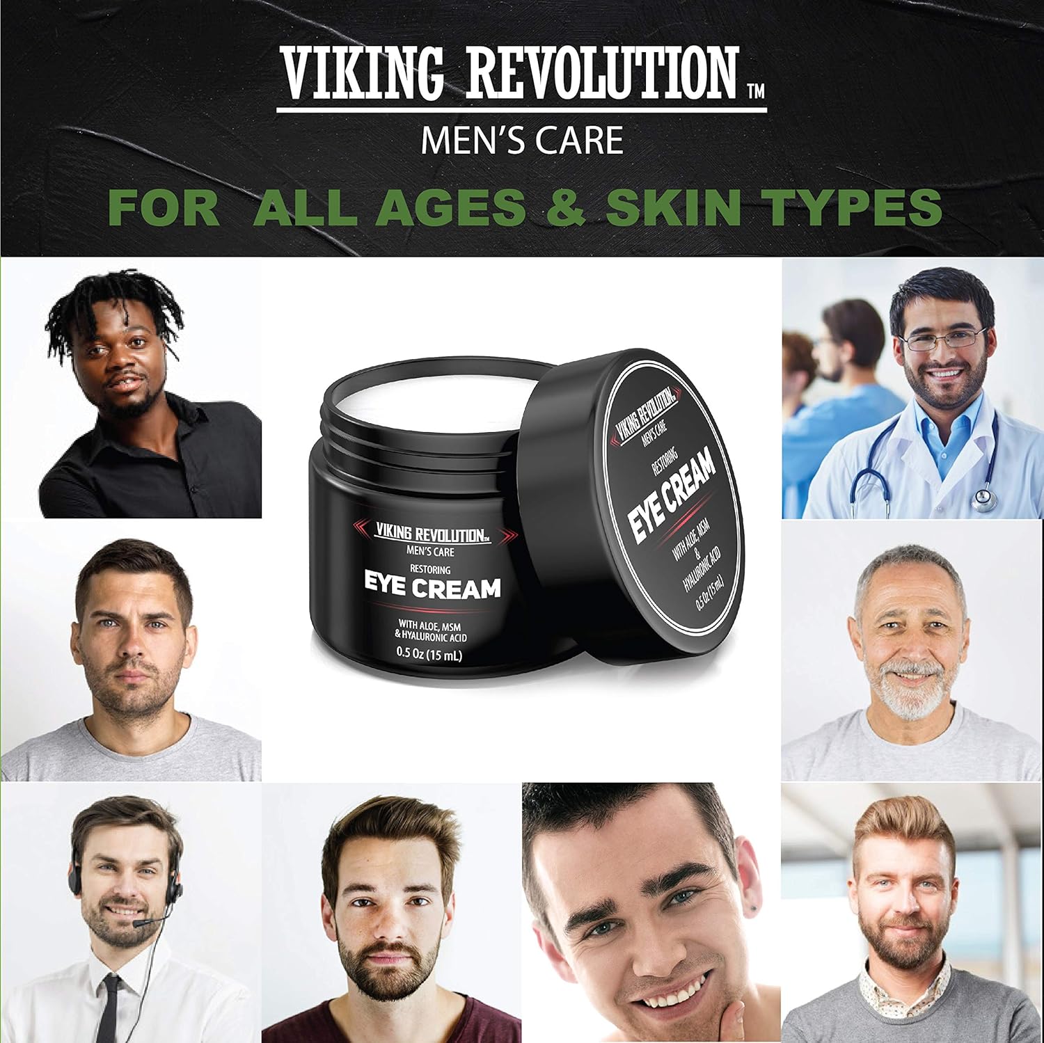 Open jar of Eye Cream for Men surrounded by smiling men of all ages and backgrounds.