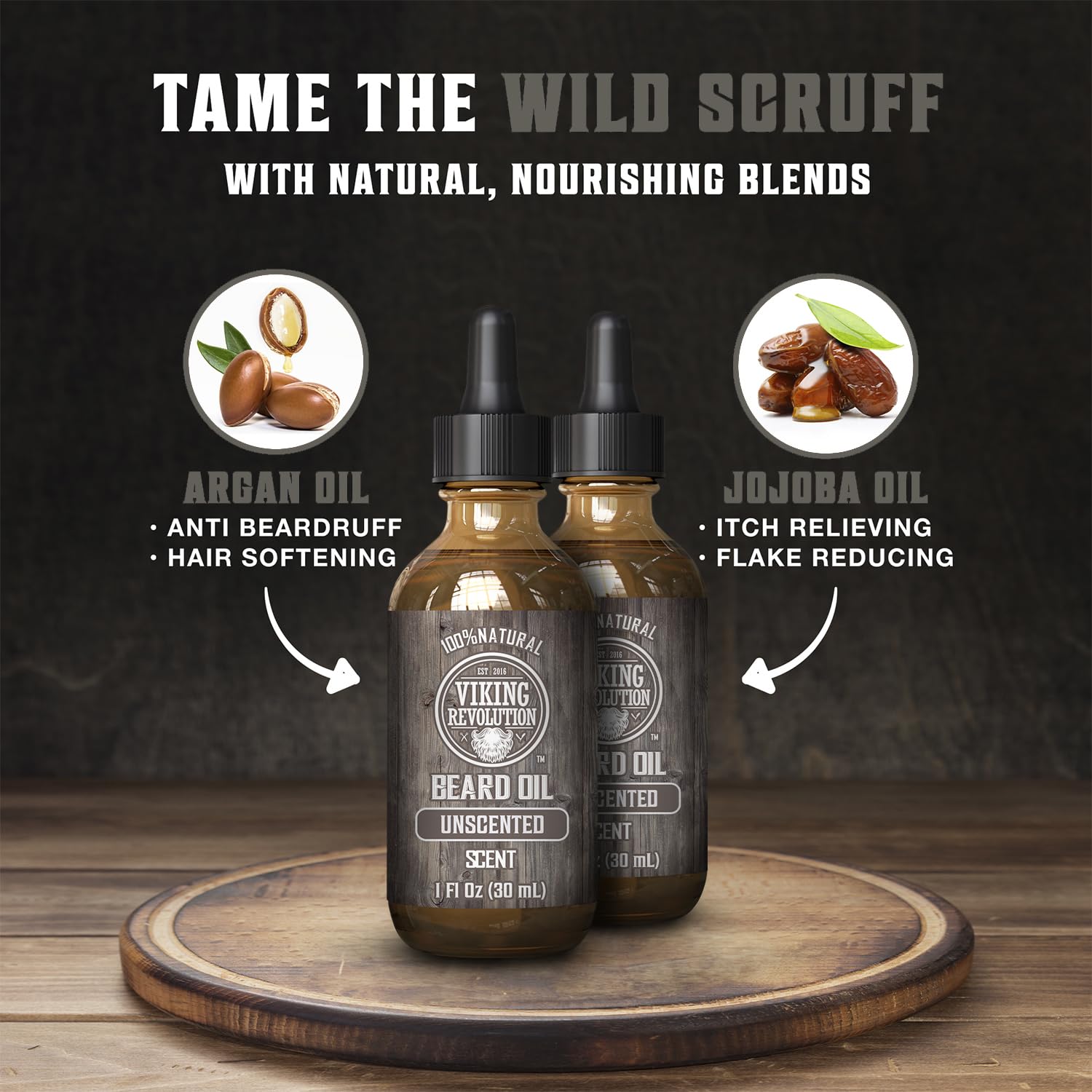 Two bottles of Unscented Beard Oil - 2 Pack with nourishing argan and jojoba oil benefits.