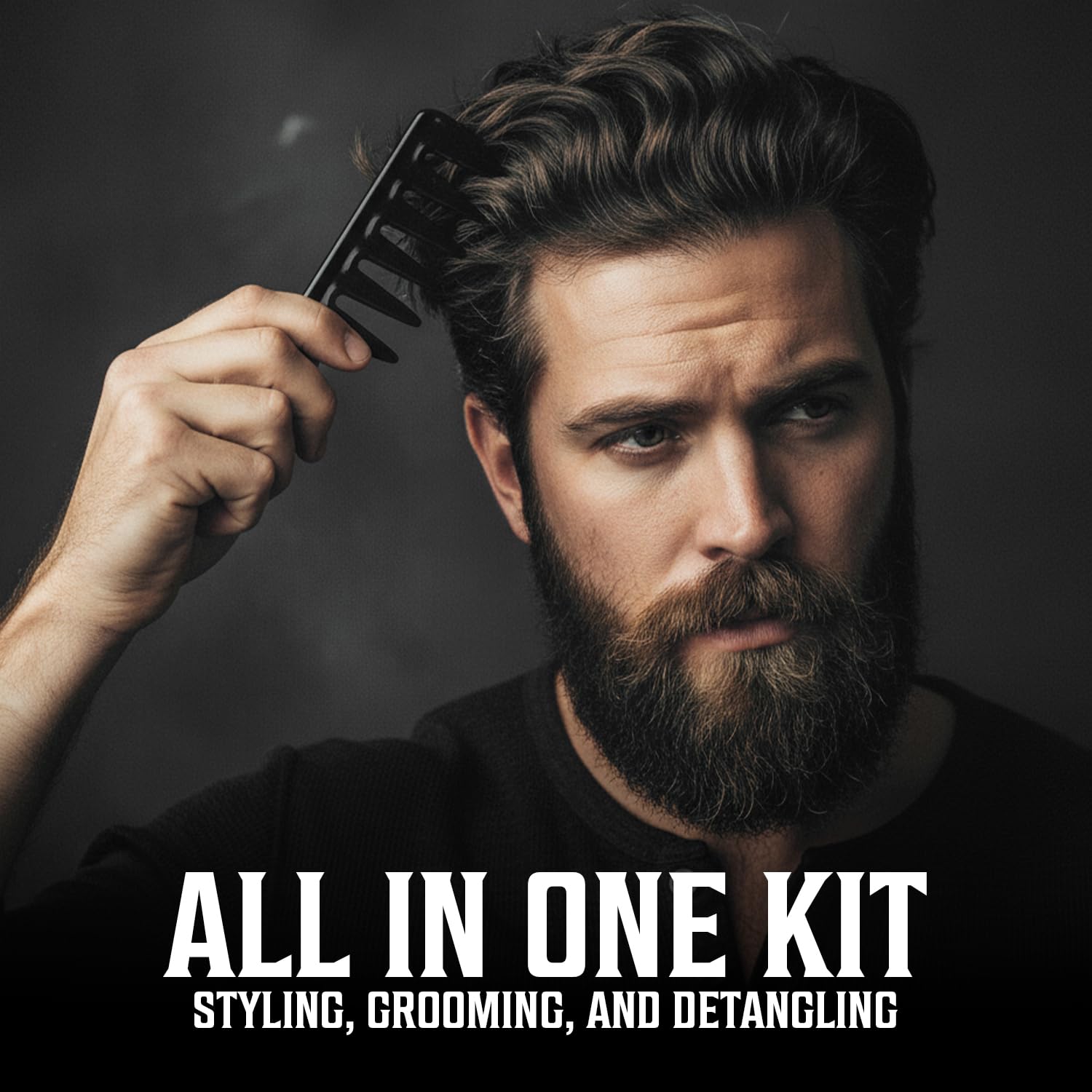 A bearded man combs his hair with Styling Hair Combs (6 pieces) for easy styling and grooming.