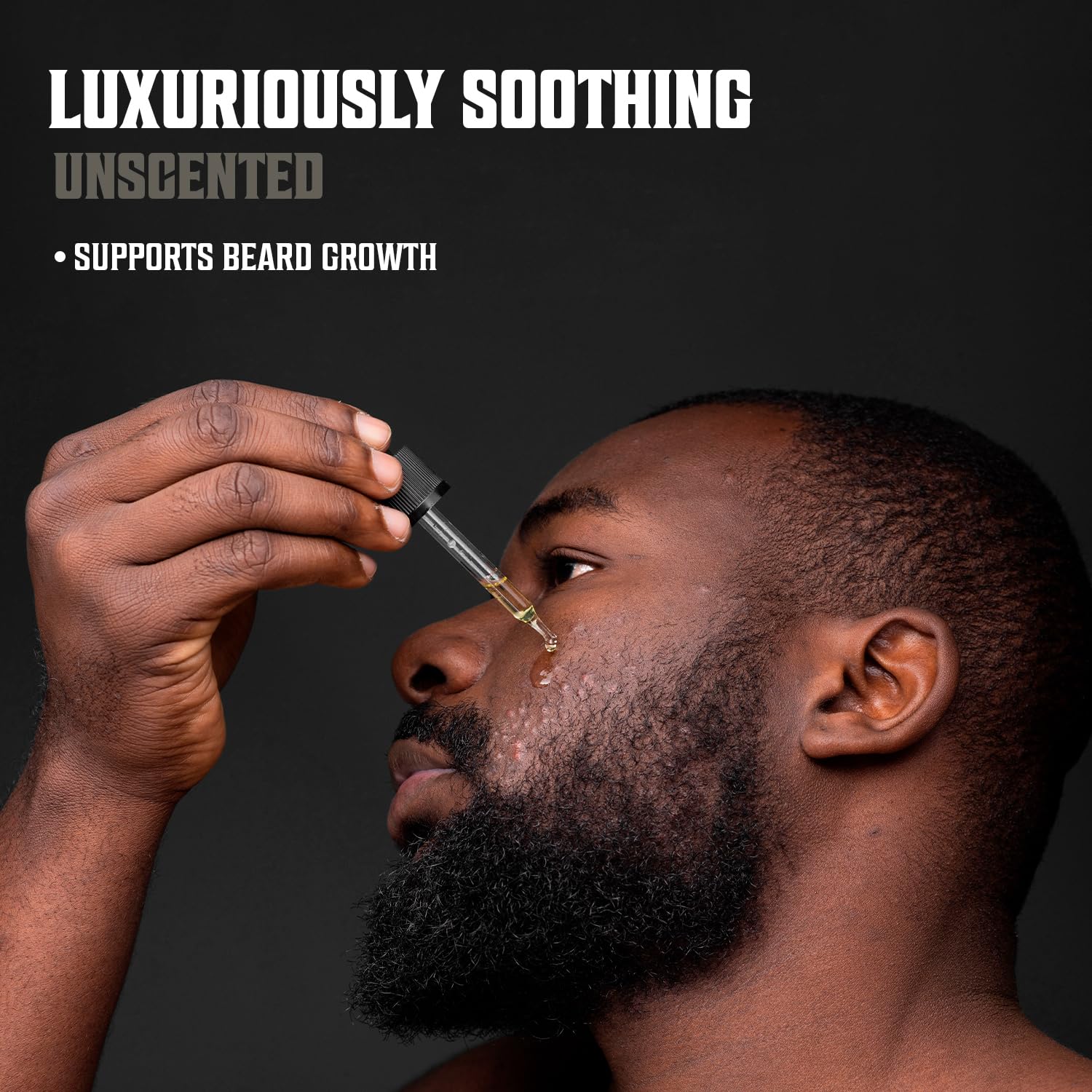 Man applying Unscented Beard Oil (1oz) with dropper; Luxuriously Soothing Premium Beard Grooming.
