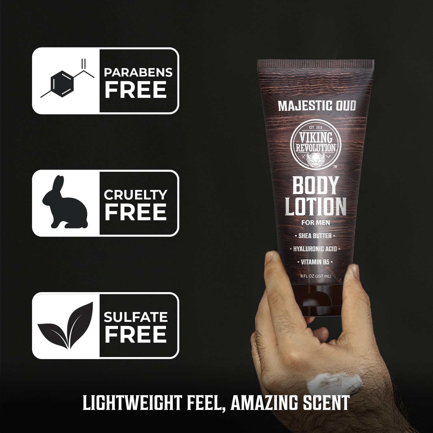 A hand holds Body Lotion for Men - Majestic Oud; labels read paraben-free, cruelty-free, sulfate-free.