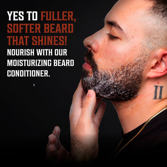 Man applying beard conditioner for softer, fuller beards using Beard Wash and Conditioner for Men.