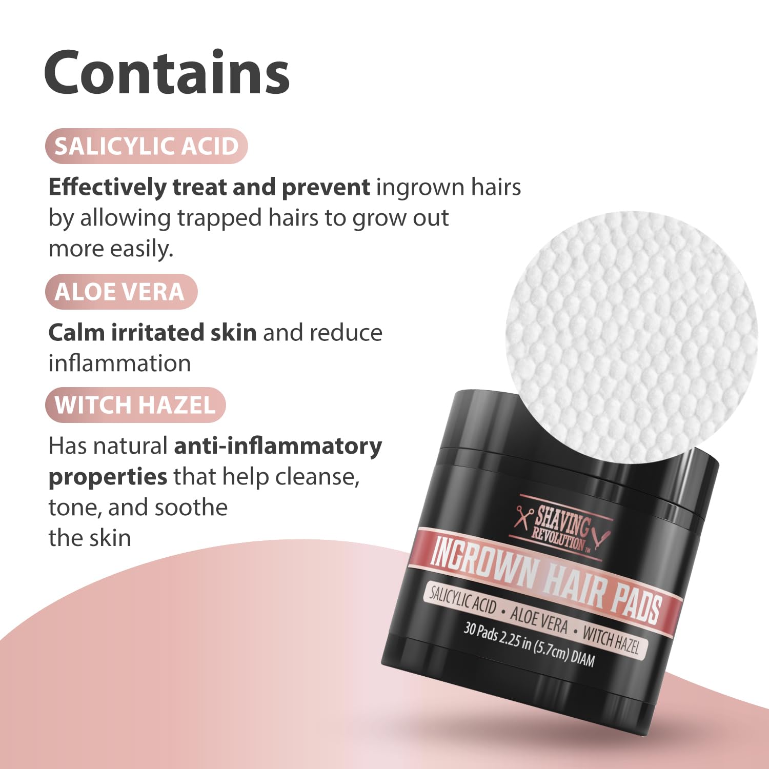 Ingrown Hair Pads with salicylic acid, aloe vera & witch hazel for ingrown hair treatment.